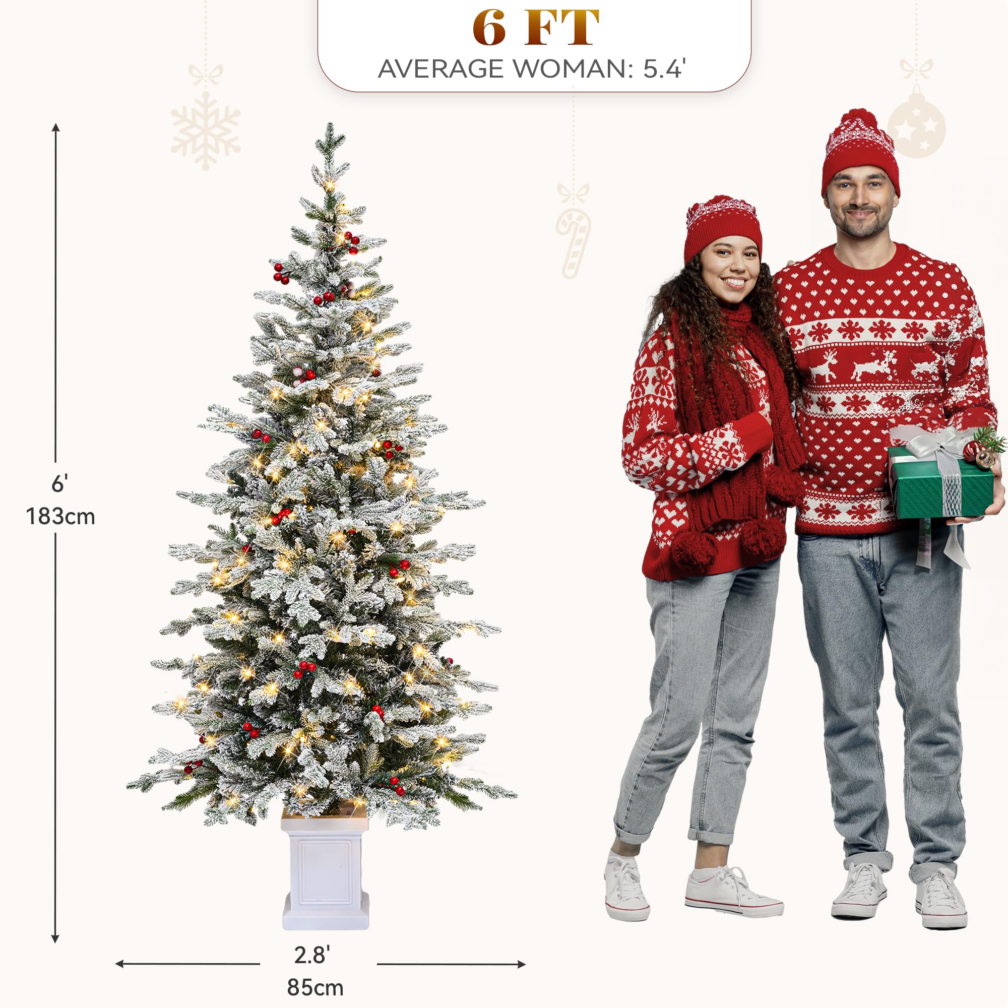 YITAHOME 6ft Potted Prelit Flocked Pencil Christmas Tree, Pre-Decorated Slim Arctic Fir with 520 PE & PVC Mixed Branch Tips and