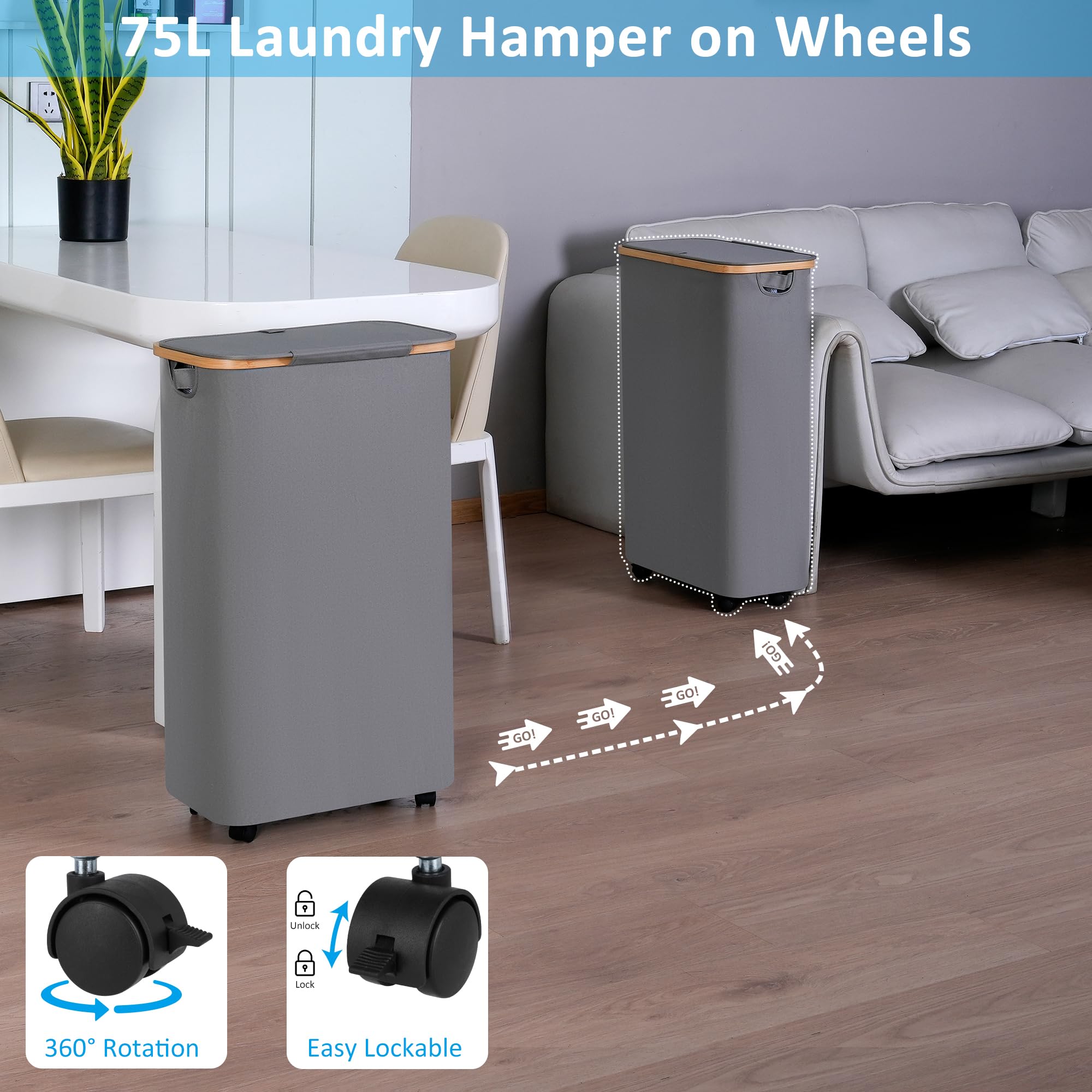 efluky Slim Rolling Laundry Basket with Lid, 75L Grey Hamper on Wheels for Bedroom, Dorm, Bathroom, Model RollingBH_75GY