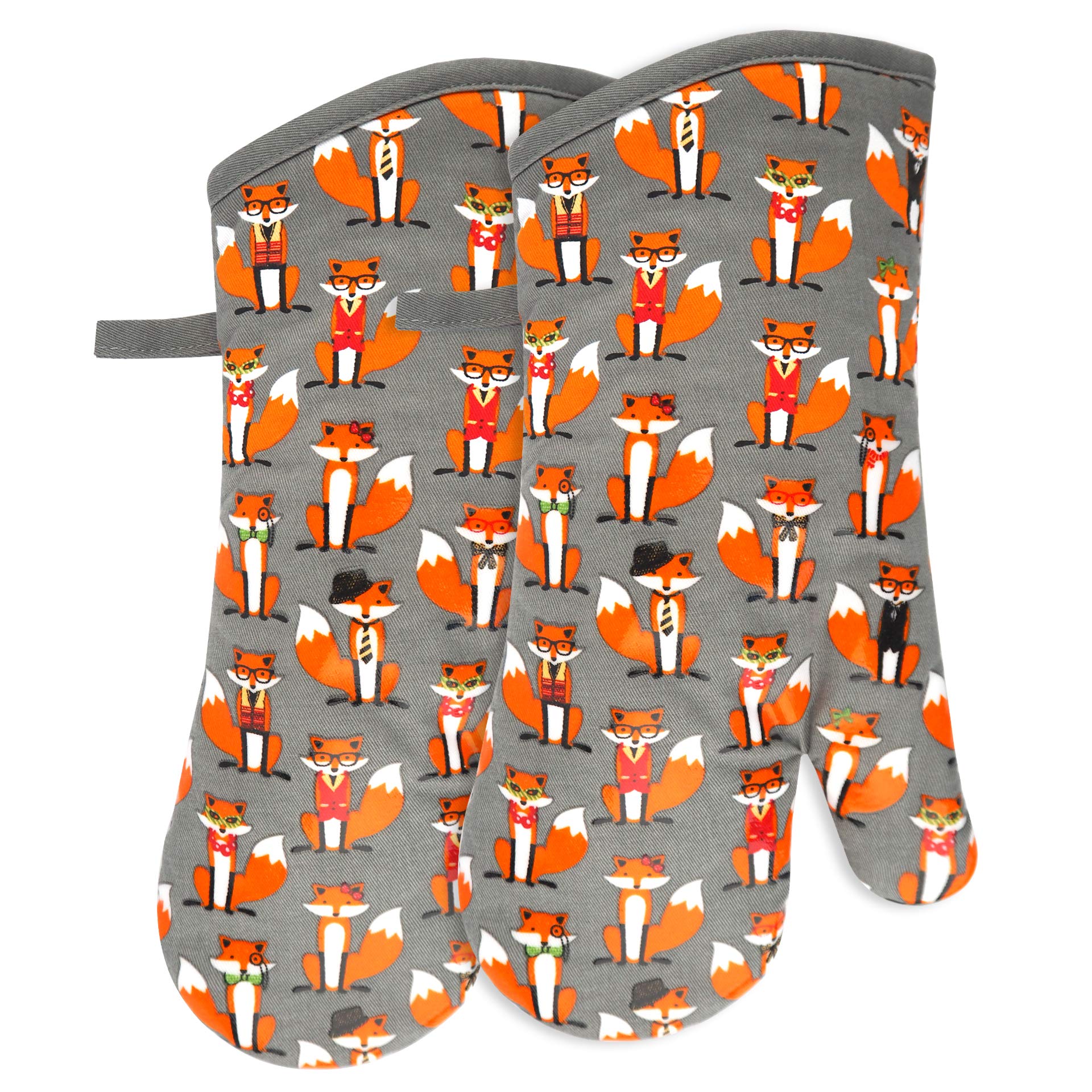 Oven Mitts Gloves 1 Pair Heat Resistant 480 ? Non Slip Clear Silicone Printed Fox Comfortable Cotton Lining Kitchen Women Men Co