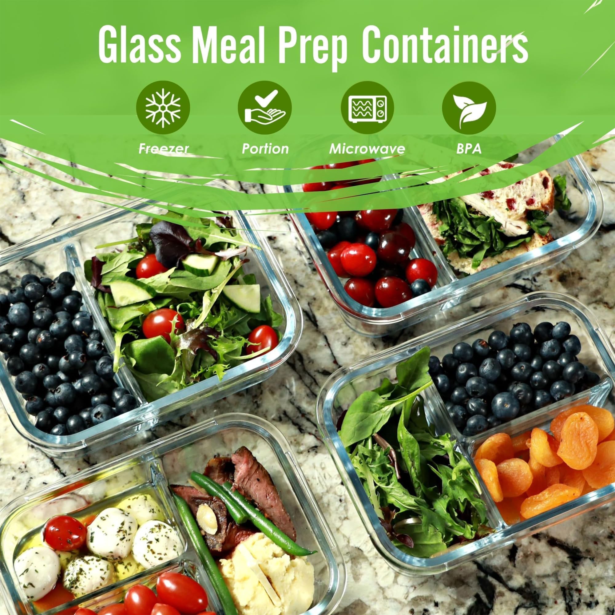 Fit Strong & Healthy Glass Meal Prep Containers, 2 & 3 Compartments - Portion Control, Lunch Container Set, Food Storage, Airtig