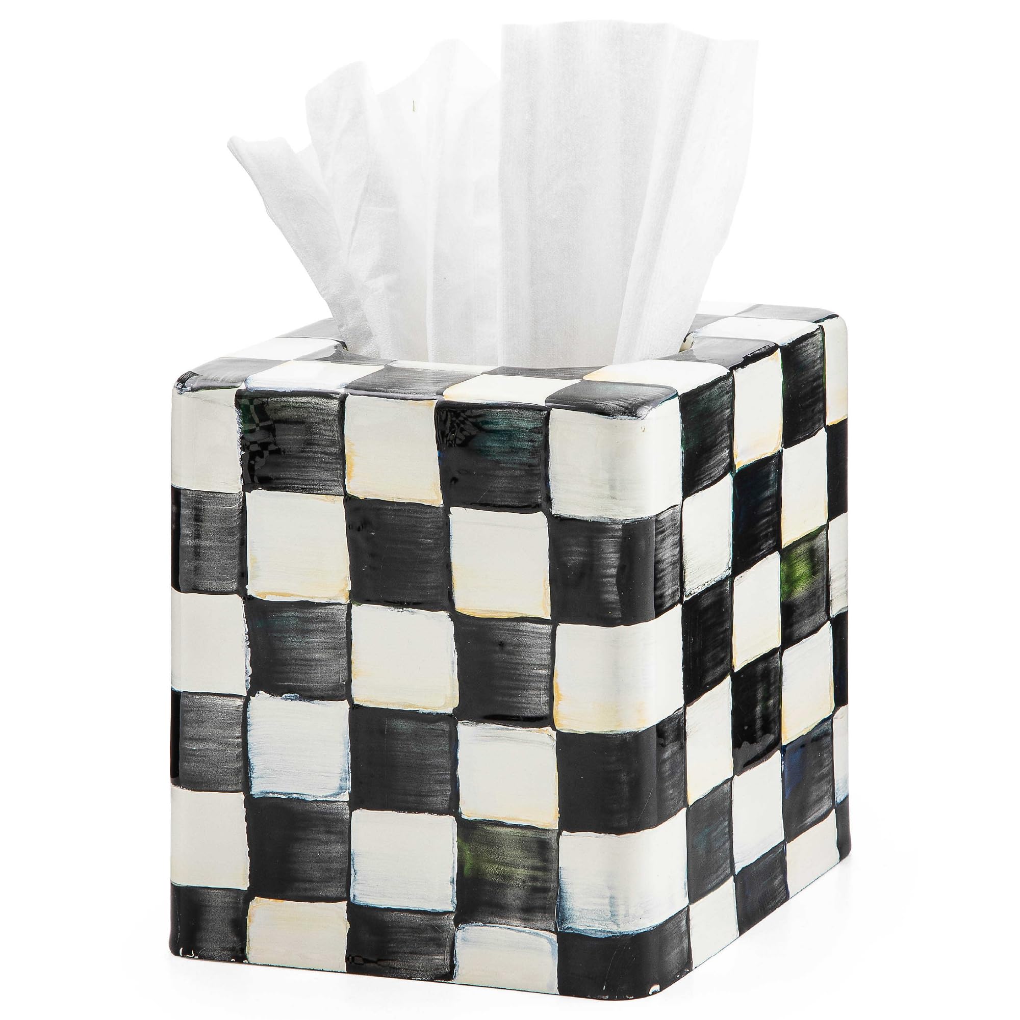 Mackenzie-Childs Tissue-Box Cover, Tissue Holder For Home Decor, Black-And-White Courtly Check, Square