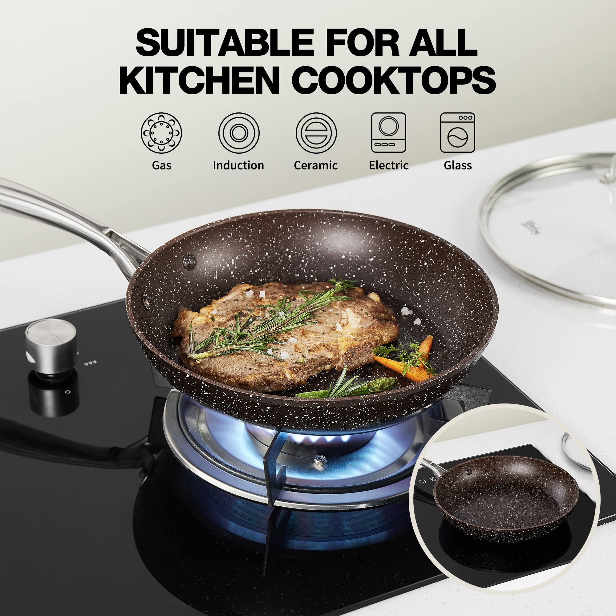 HLAFRG 12 Inch Nonstick Frying Pan with Lid  Brown Marble Skillet with Stone-Derived Coating  APEO & PFOA Free  With Heat-Resistant Handle  Oven Safe and Induction Compatible?