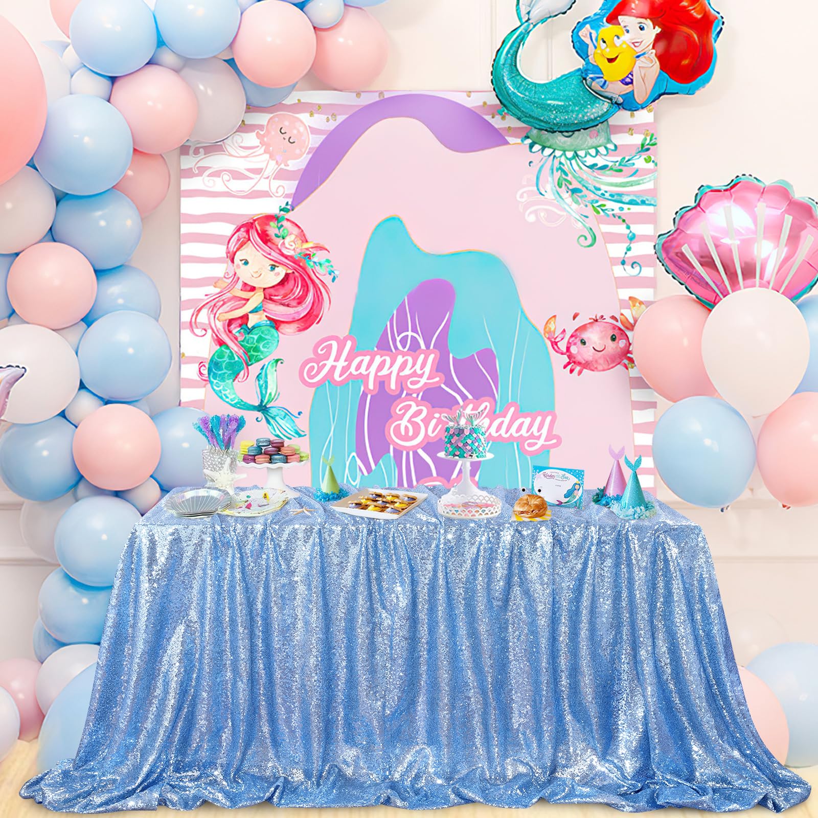 Queendream Sparkly Sequin Tablecloth - Baby Blue Table Cloth 50X80 Inches Rectangle Table Overlay Fabric For Birthday Parties Ba