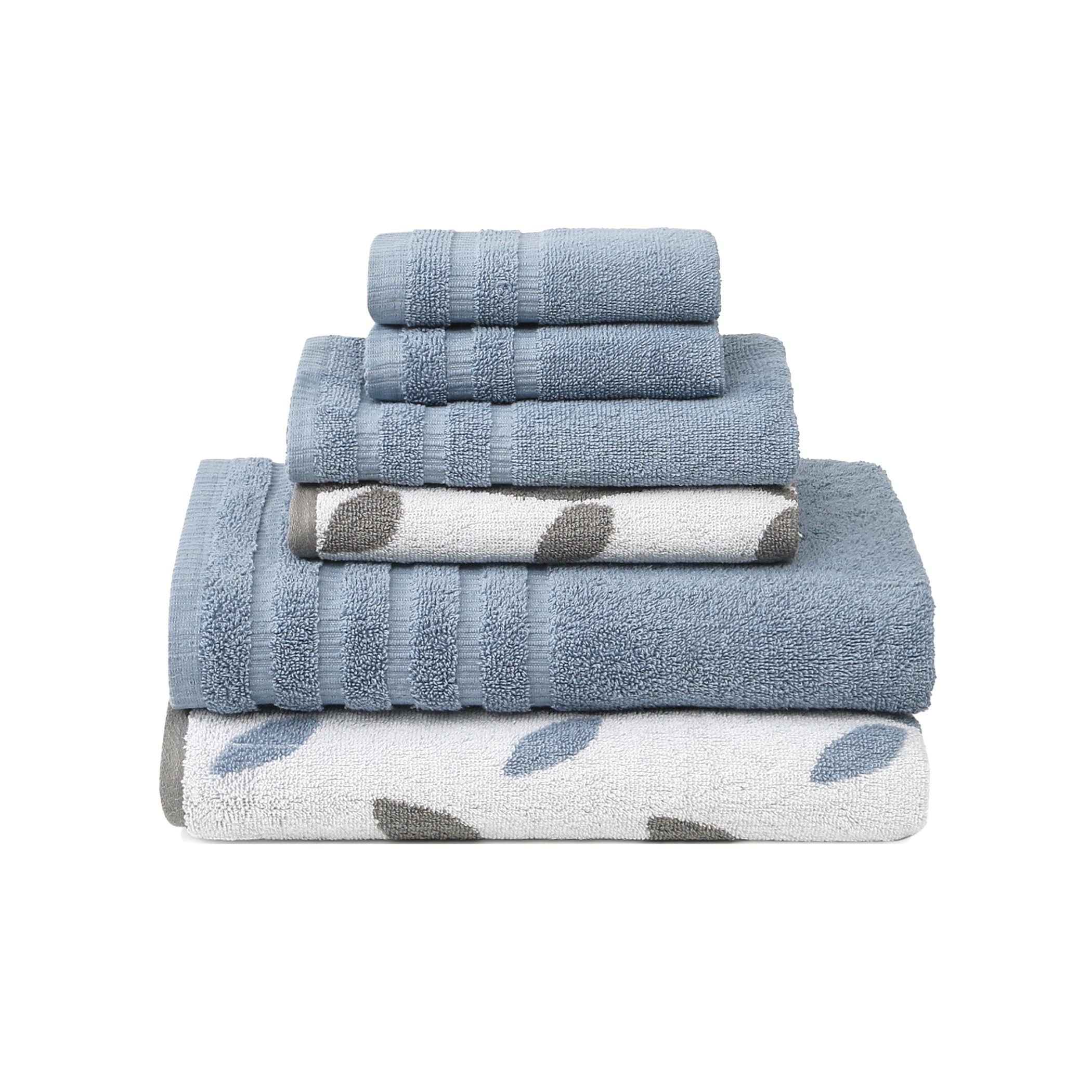 Amrapur Overseas 6-Piece Yarn Dyed Organic Vines Jacquard/Solid Ultra Soft 500GSM 100% Combed Cotton Towel Set [Blue]