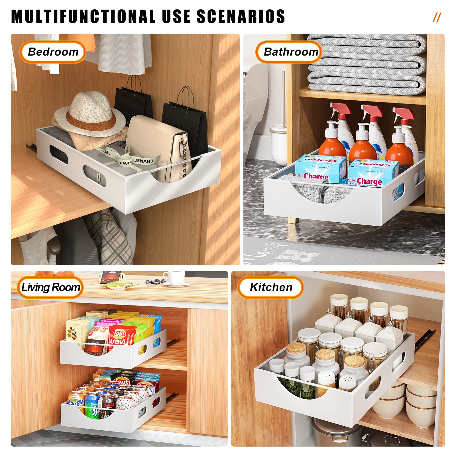 Caktraie Pull Out Cabinet Organizer Fixed With Adhesive, Slide Out Drawer Storage Shelves - 10.8'' W X 15.15'' D Heavy Duty Pull