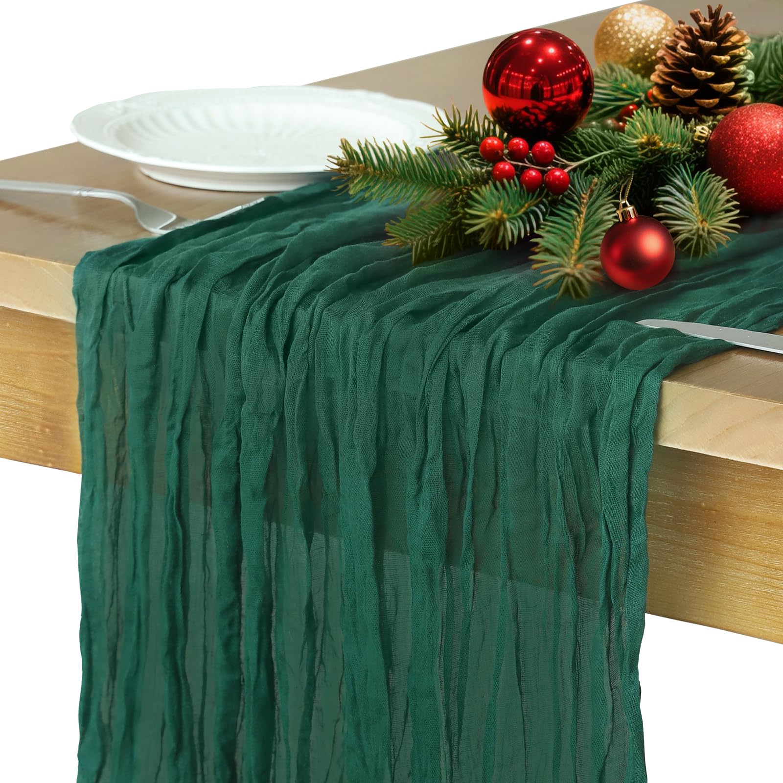 Christmas Table Runner, 10FT Cheesecloth Emerald Green Table Runners 35*120inch Rustic Vintage Table Runner for Christmas Indoor
