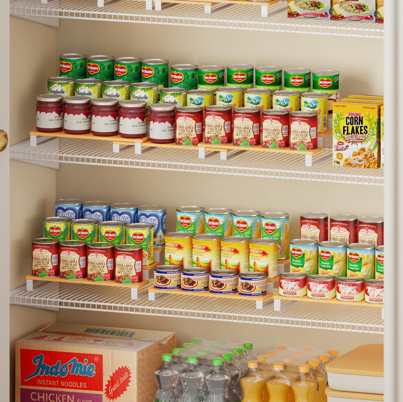 NuoyuanShen 3Tier Expandable Iron&Bamboo Can Organizer for Pantry Holds Up to 45 Cans,Extralong Separable Can Organizers and S