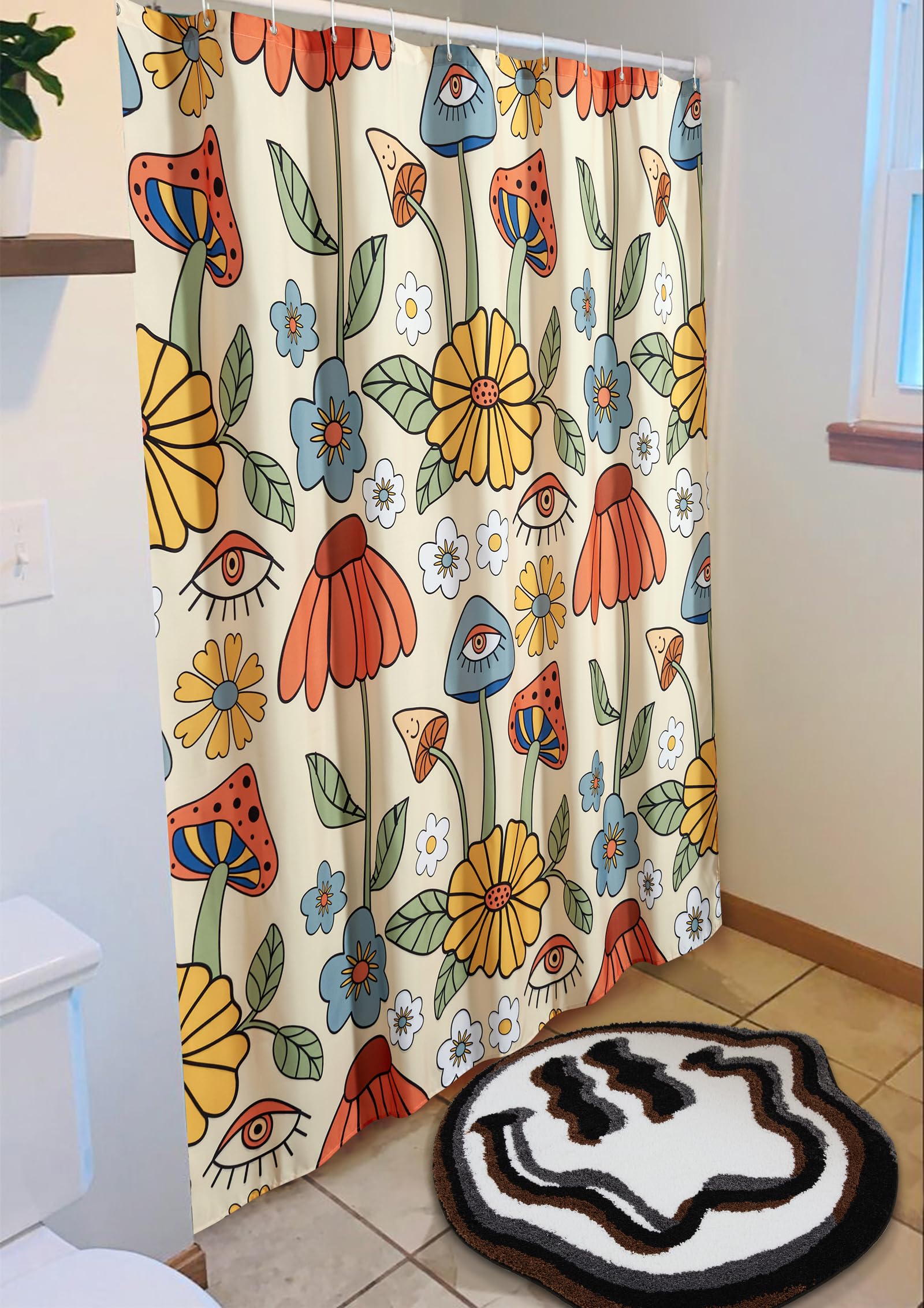 Estmy Happy Face Cute Bath Mat 2Ft Trippy Round Bathroom Rugs White/Black Non Slip Washable, Groovy Funky Aesthetic Hippie Boho