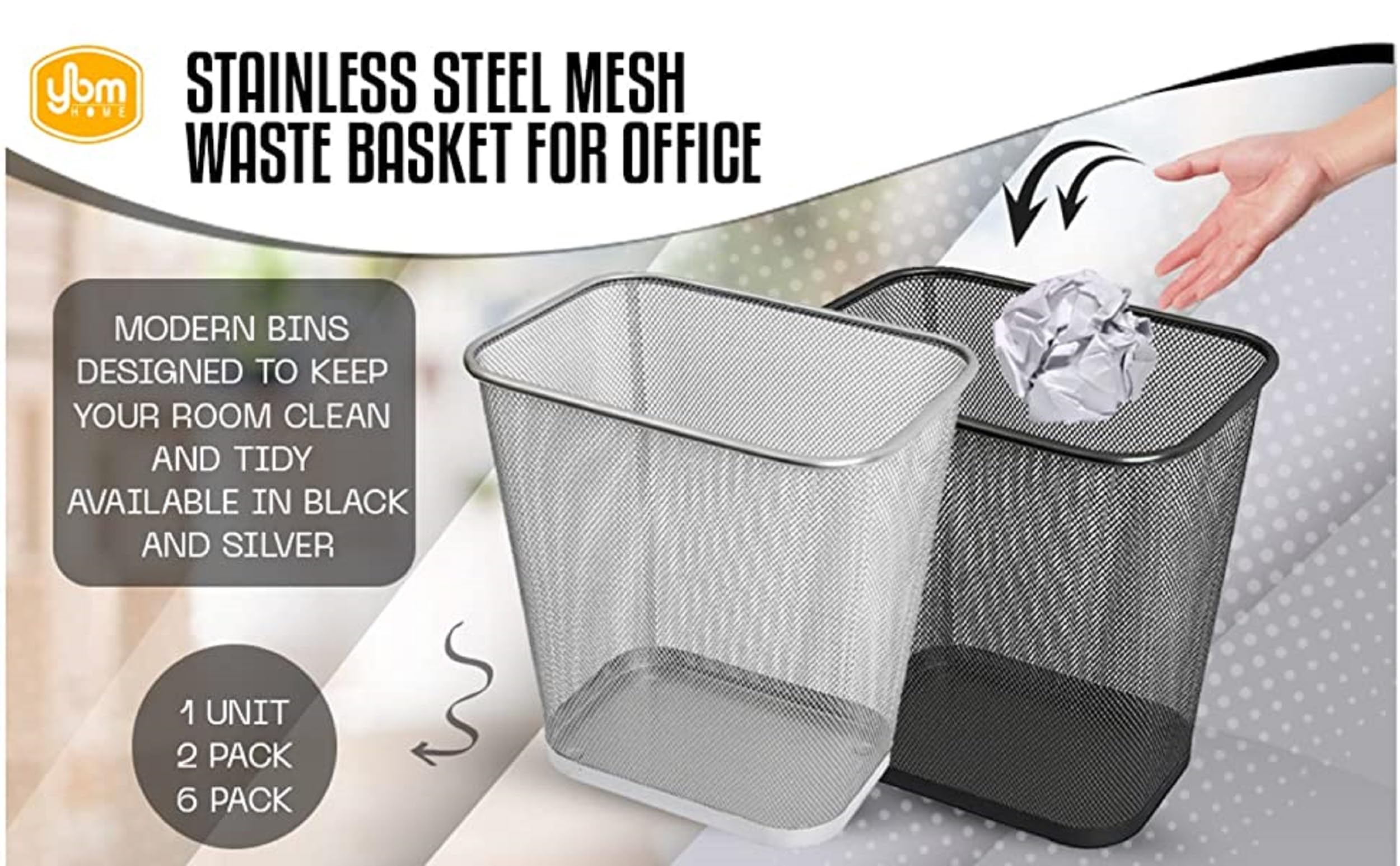 Ybm Home Mesh Wastebasket Trash Can For Home And Office Workspace, Metal Office Trash Can Rectangular-Shaped, 3.5 Gallon (2 Pack