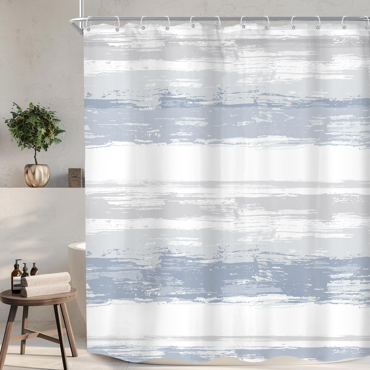 Komllex Abstract Blue Shower Curtain For Bathroom Decor 60Wx72H Modern Grey White Striped Aesthetic Minimalist Geometric Simple