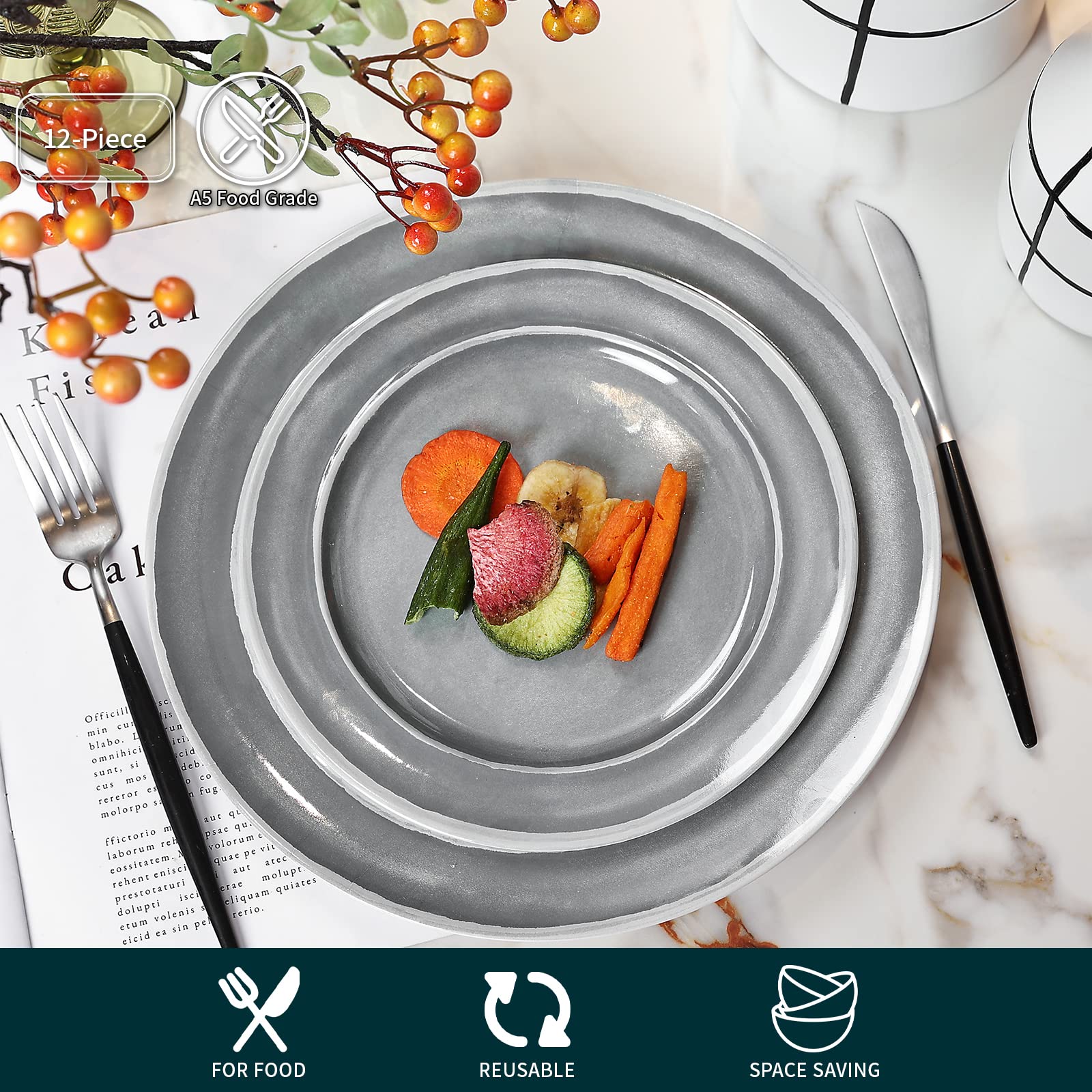 Melamine Dinnerware Set - 12pcs Dishes Dinnerware Set for 4, Indoor and Outdoor use, Dishwasher Safe, Break-resistant, Lightweig