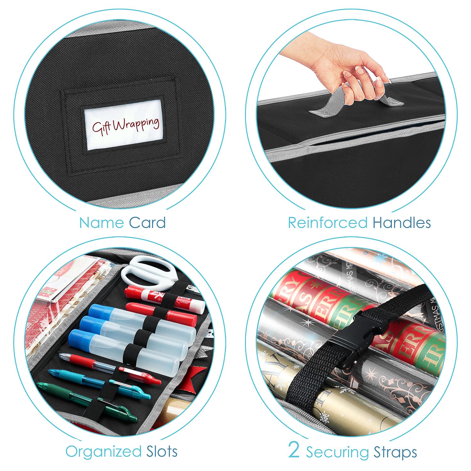 Hearth & Harbor Wrapping Paper Storage Container - Large Black Polyester Organizer for 26 Rolls with Extra Pockets - Model VC-HHHS08-Blck