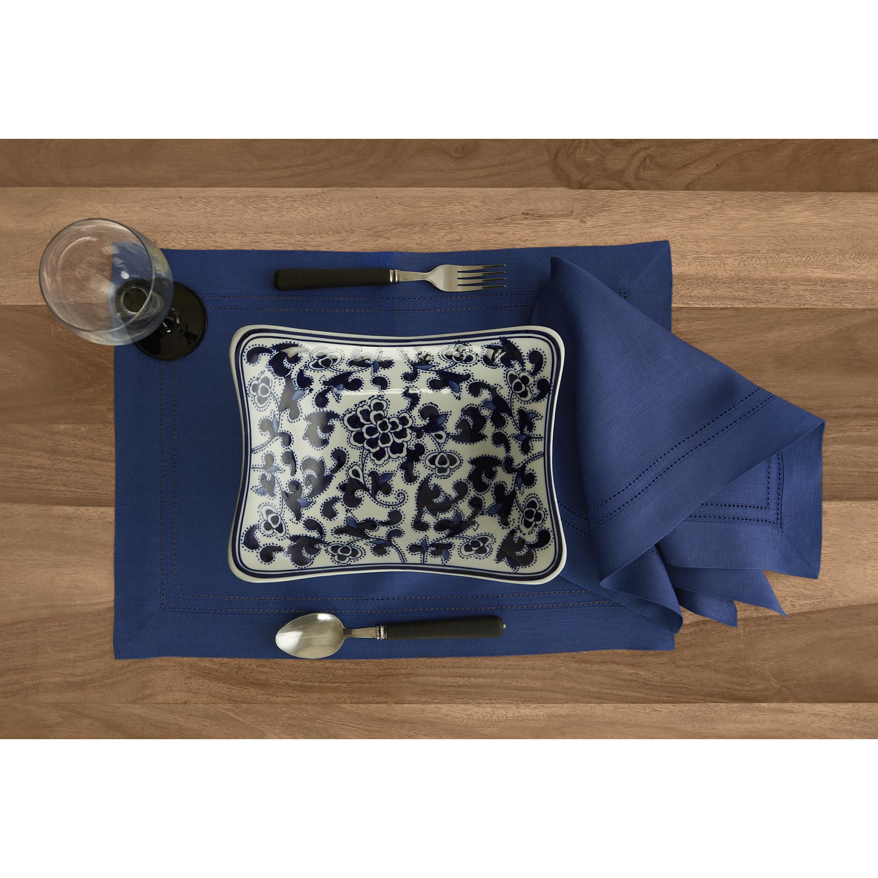 Solino Home Linen Placemats 19'' L X 14'' W Inch - 100% Pure Linen Indigo Blue Cloth Placemats Set Of 4 - Linen Double Hemstitch