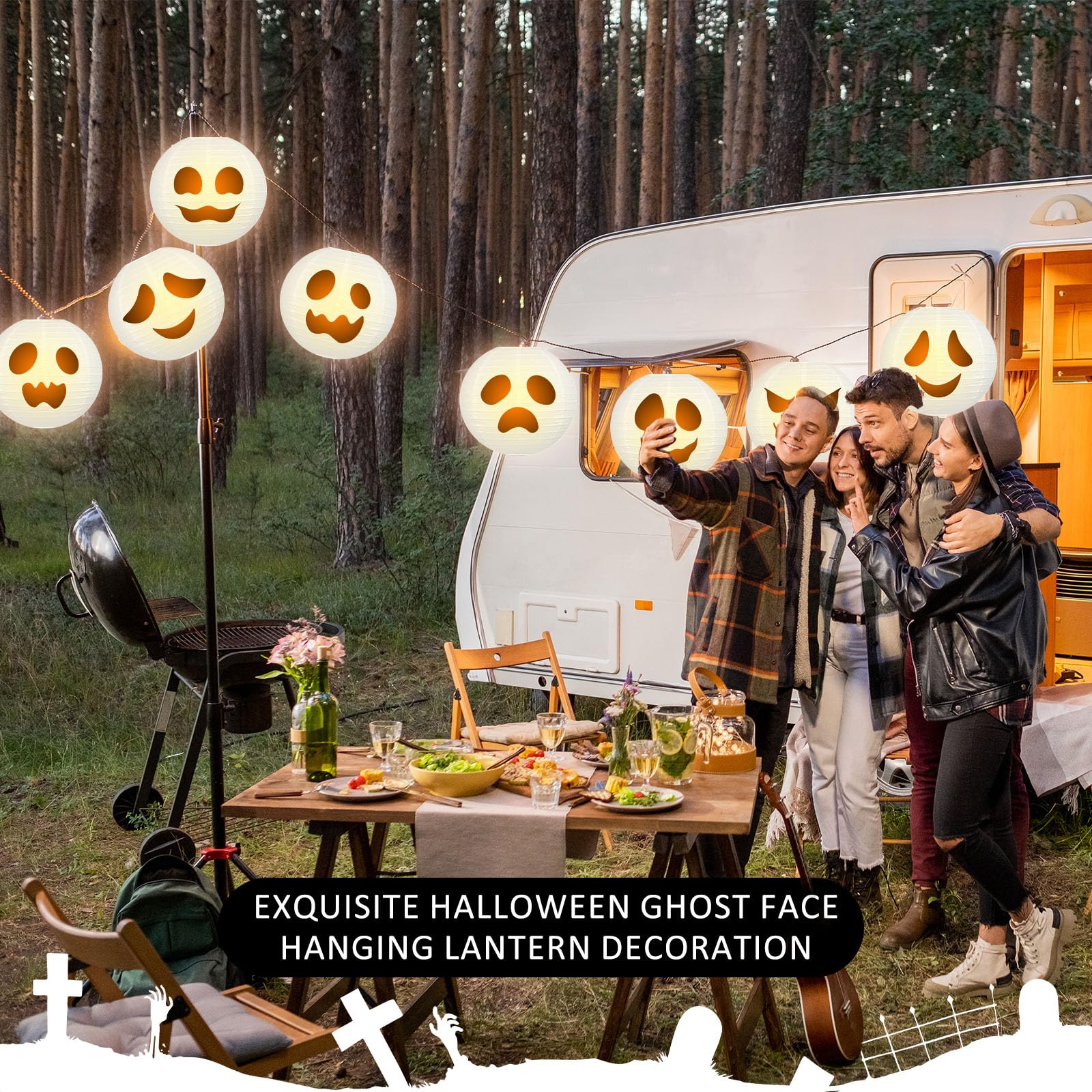 Glooglitter 8 Pcs Halloween Ghost Lanterns Light up Ghost Decor 8 Inch Fabric Halloween Lanterns Outdoor Indoor Decorations for