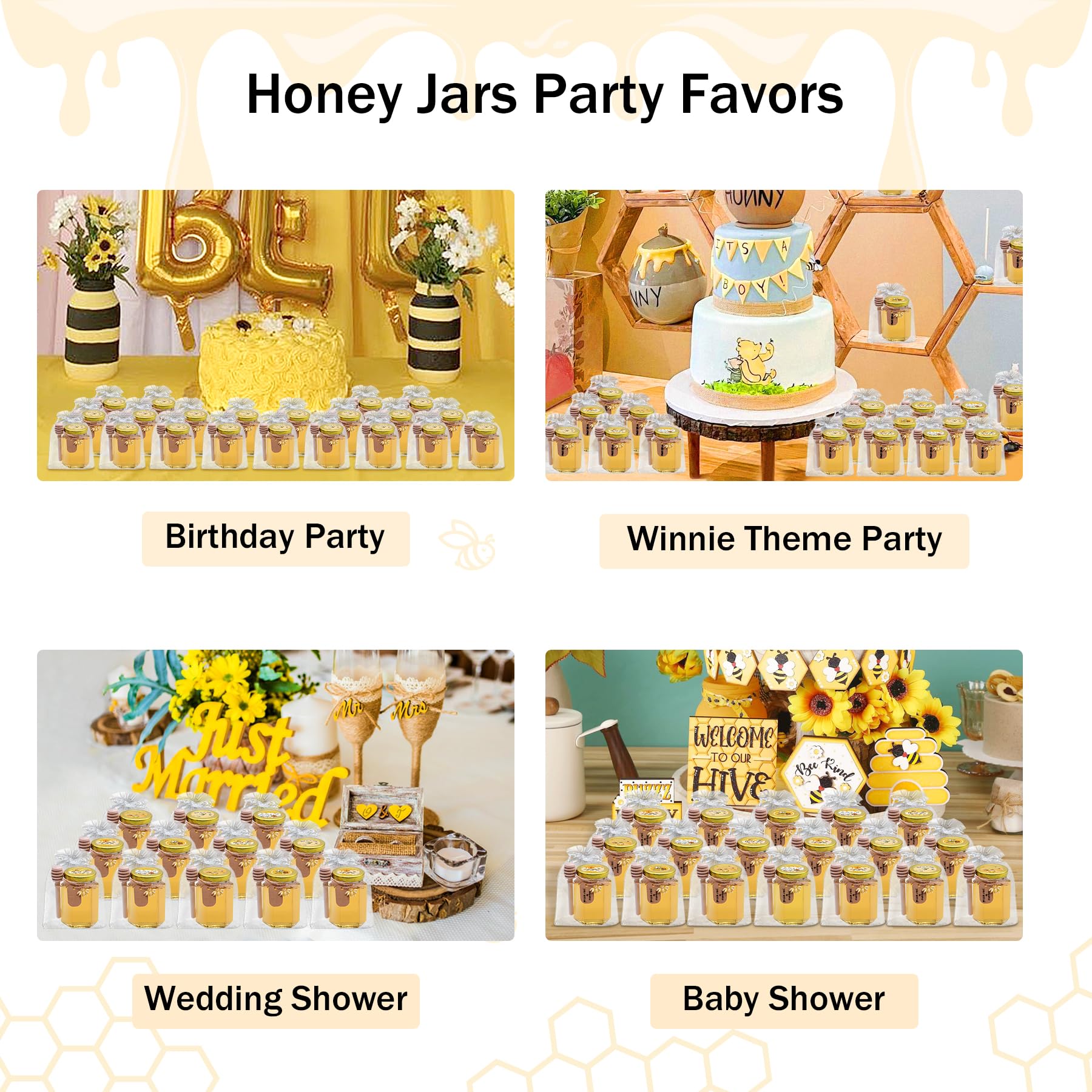Aliggbent 35 Pack Small Honey Jars for Party Favors in Bulk, 4 oz Mini Hexagon Glass Honey Jars with Dippers, Lids, Cute Sticker