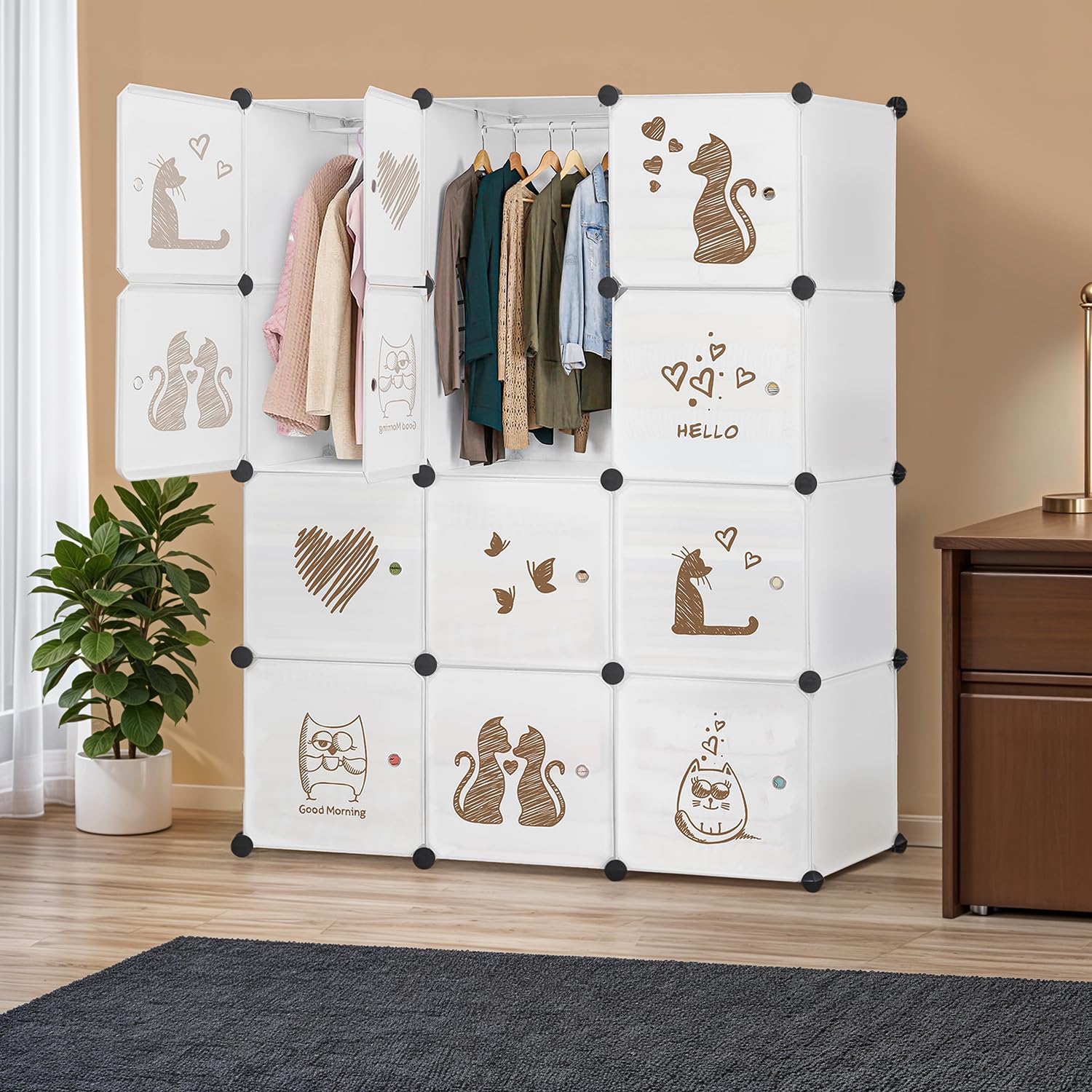 About Space Plastic Kids Wardrobe - Diy 6 Cube Almirah With Cartoon Print Door, Side Hanger, Door Magnet & Hamer - Collapsible B