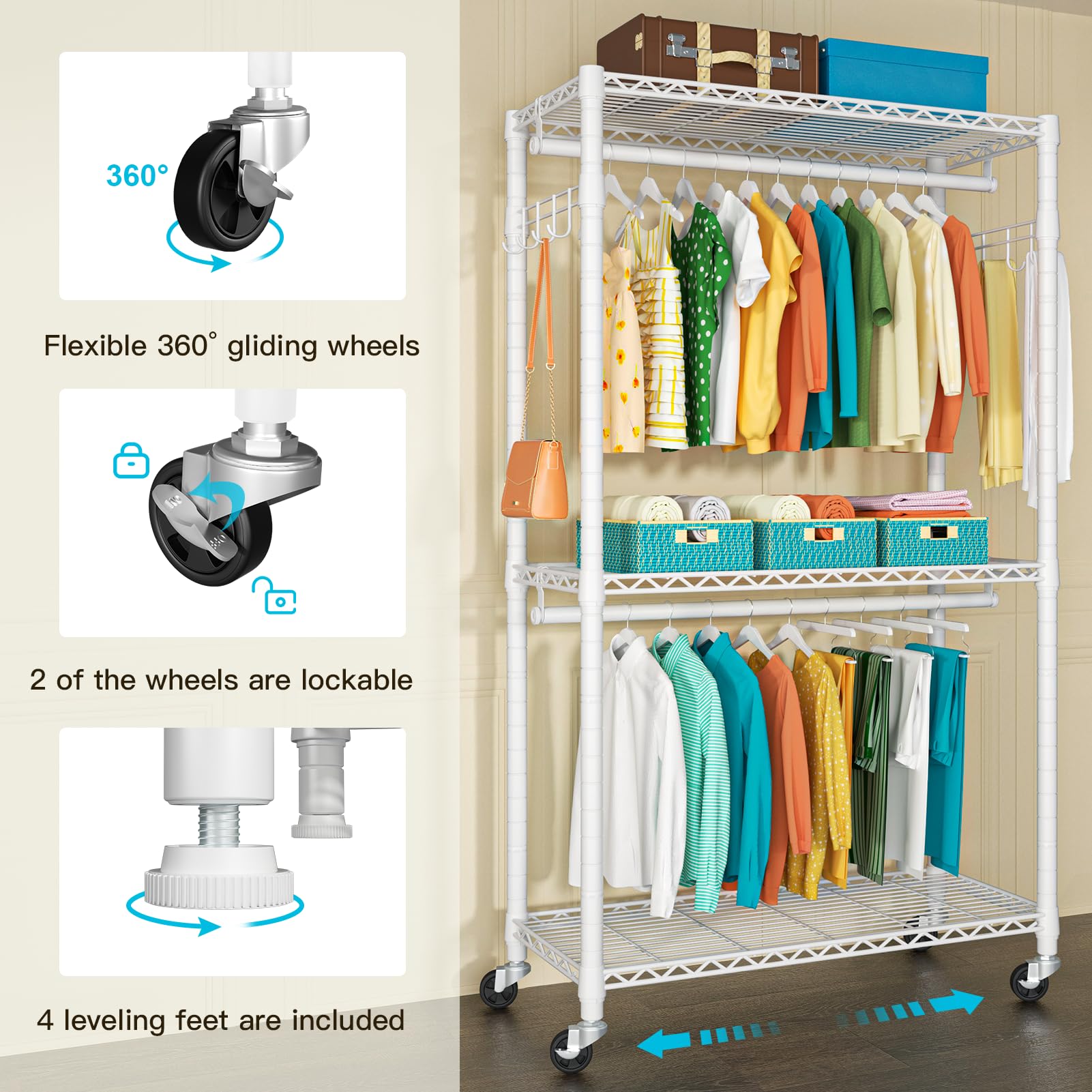Futassi P1 Heavy Duty Garment Rack, 3 Tiers Adjustable Rolling Metal Closet Organizer With Lockable Wheels, Freestanding Wardrob