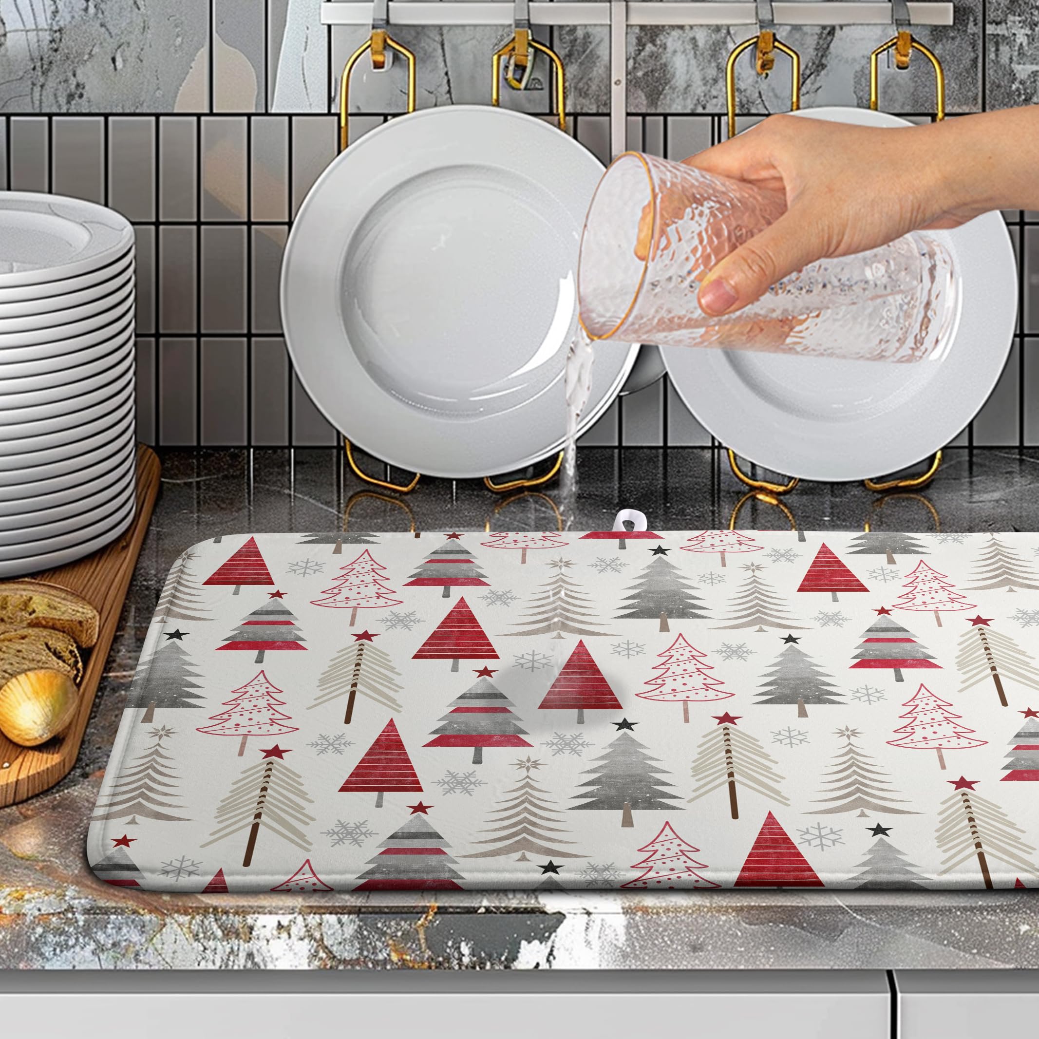 Wnoesat Christmas Dish Drying Mats for Kitchen Counter Xmas Tree Drying Mat Winter Holiday Dishes Drying Pad Microfiber Absorben