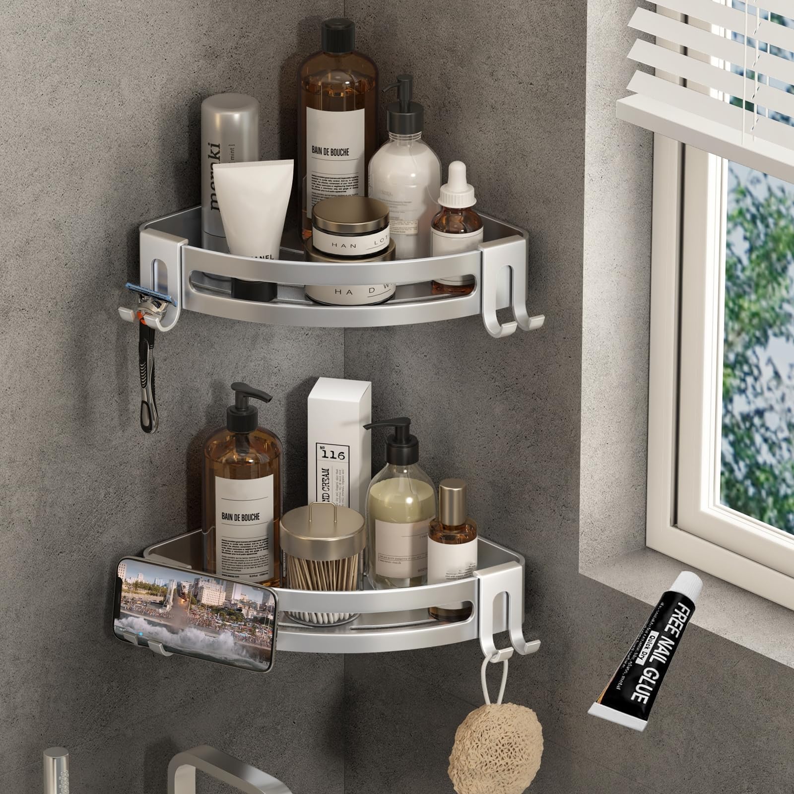 VOLPONE Shower Corner Shelf Caddy 2 Pack shower Organizer No Drill (adhesive mounting, no suction cup) Shower Storage Rust Proof