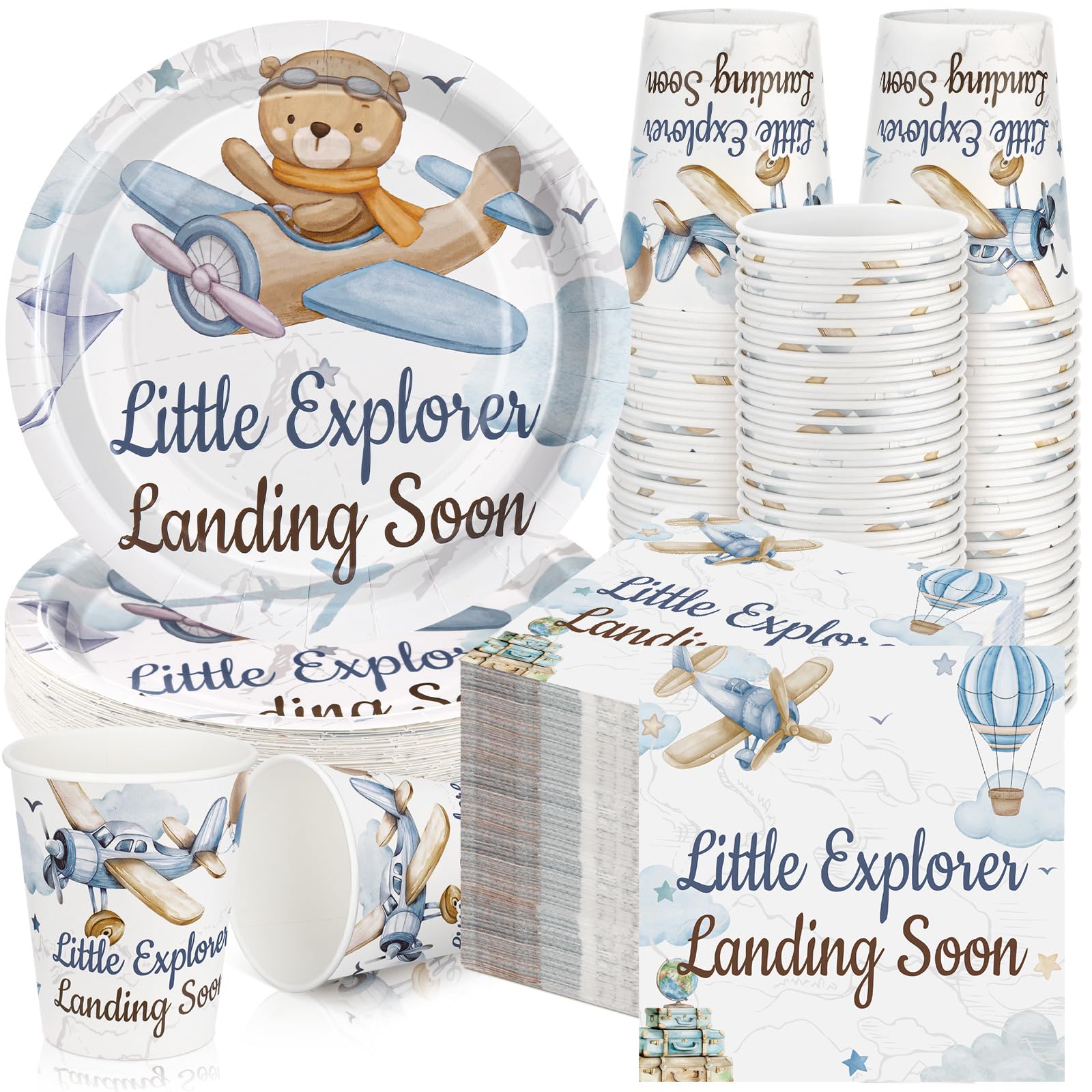 Hushee 200 Pcs Little Explorer Baby Shower Paper Plates Napkins Cups Baby Shower Party Supplies Tableware Set Disposable Cup Nap