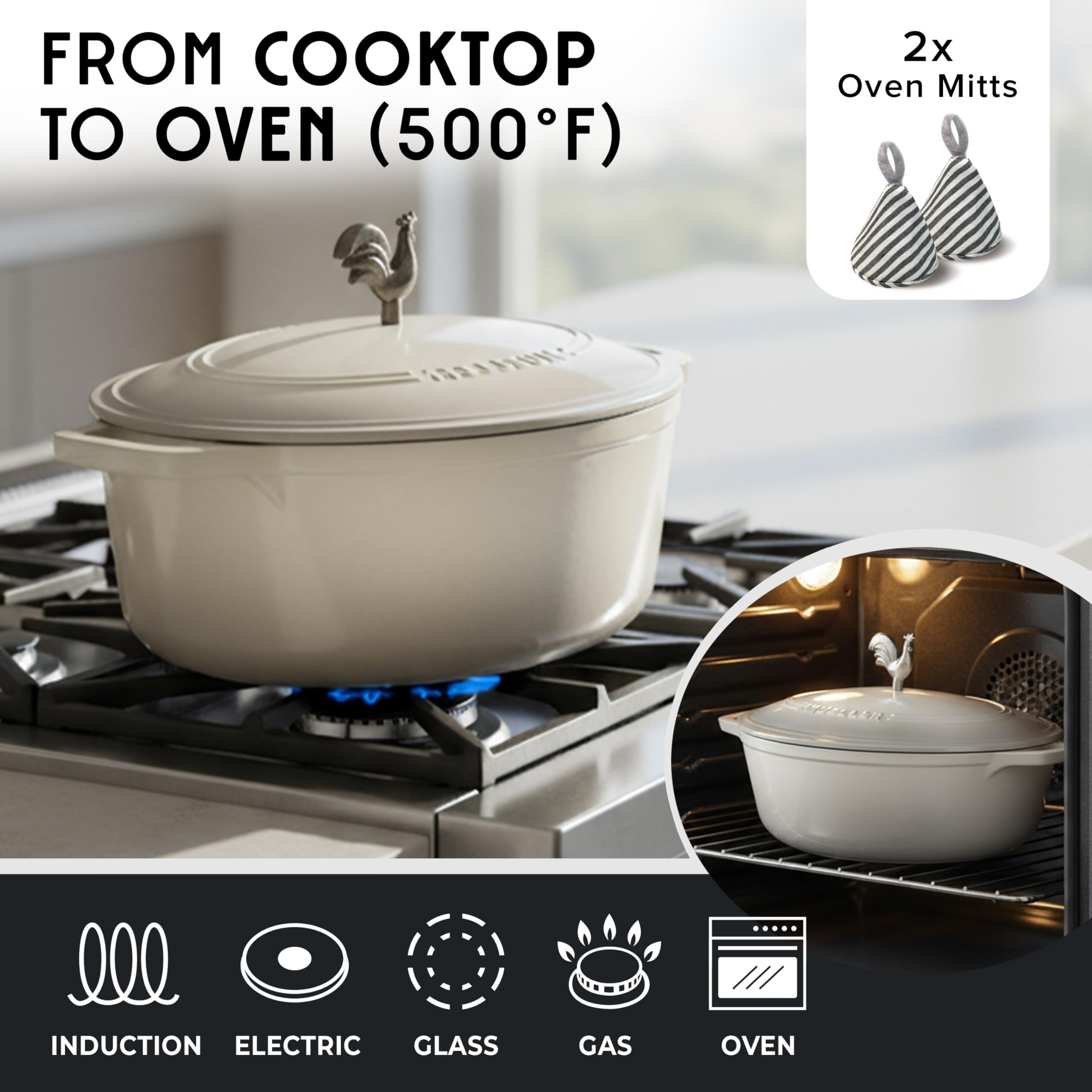 MUELLER HOME 5.5 Quart Enameled Cast Iron Oval Dutch Oven with Rooster Knob & Cotton Potholders, Heavy-Duty Cookware, Oven-Safe