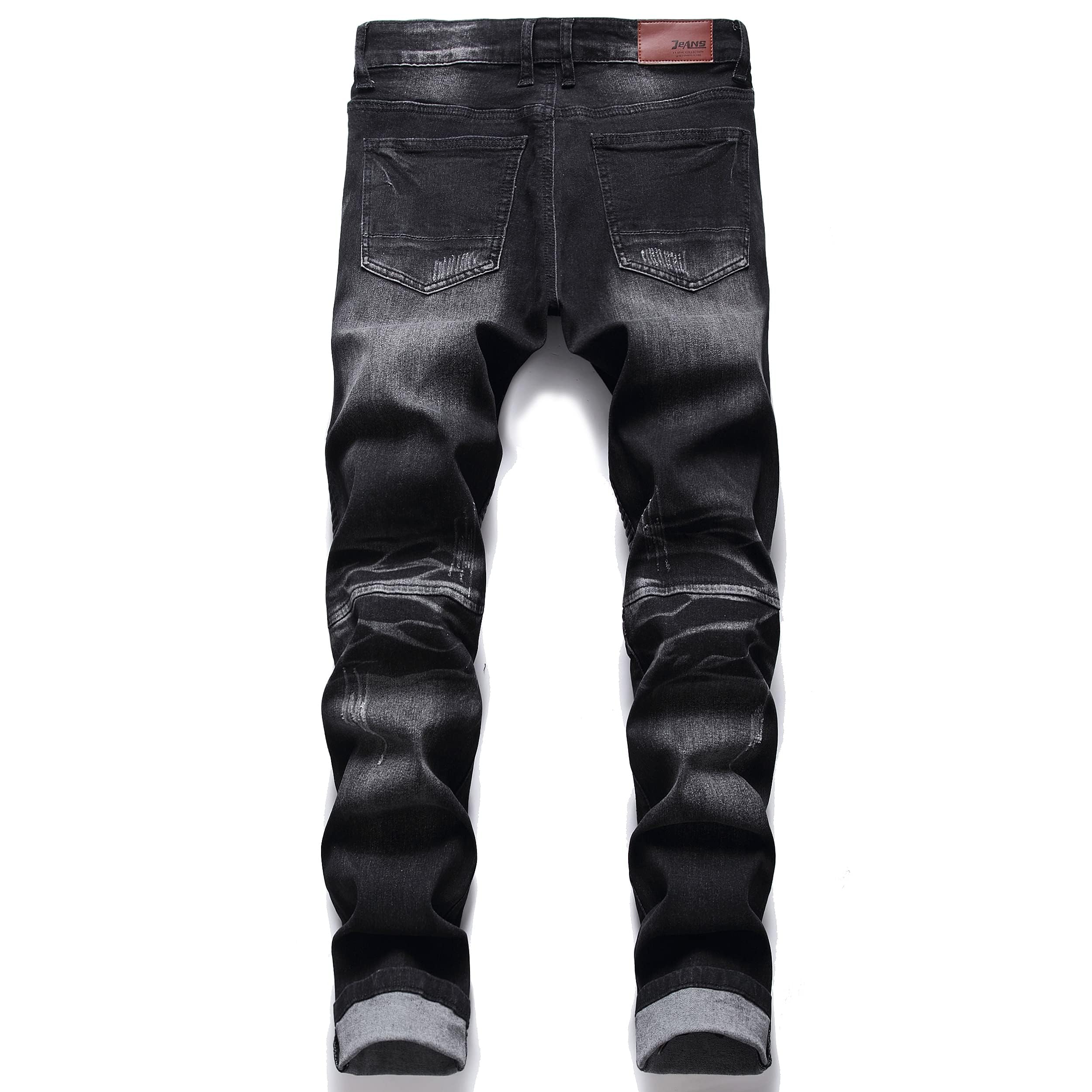 Aititia Mens Biker Zipper Deco Washed Straight Fit Jeans (28, 005 Black)