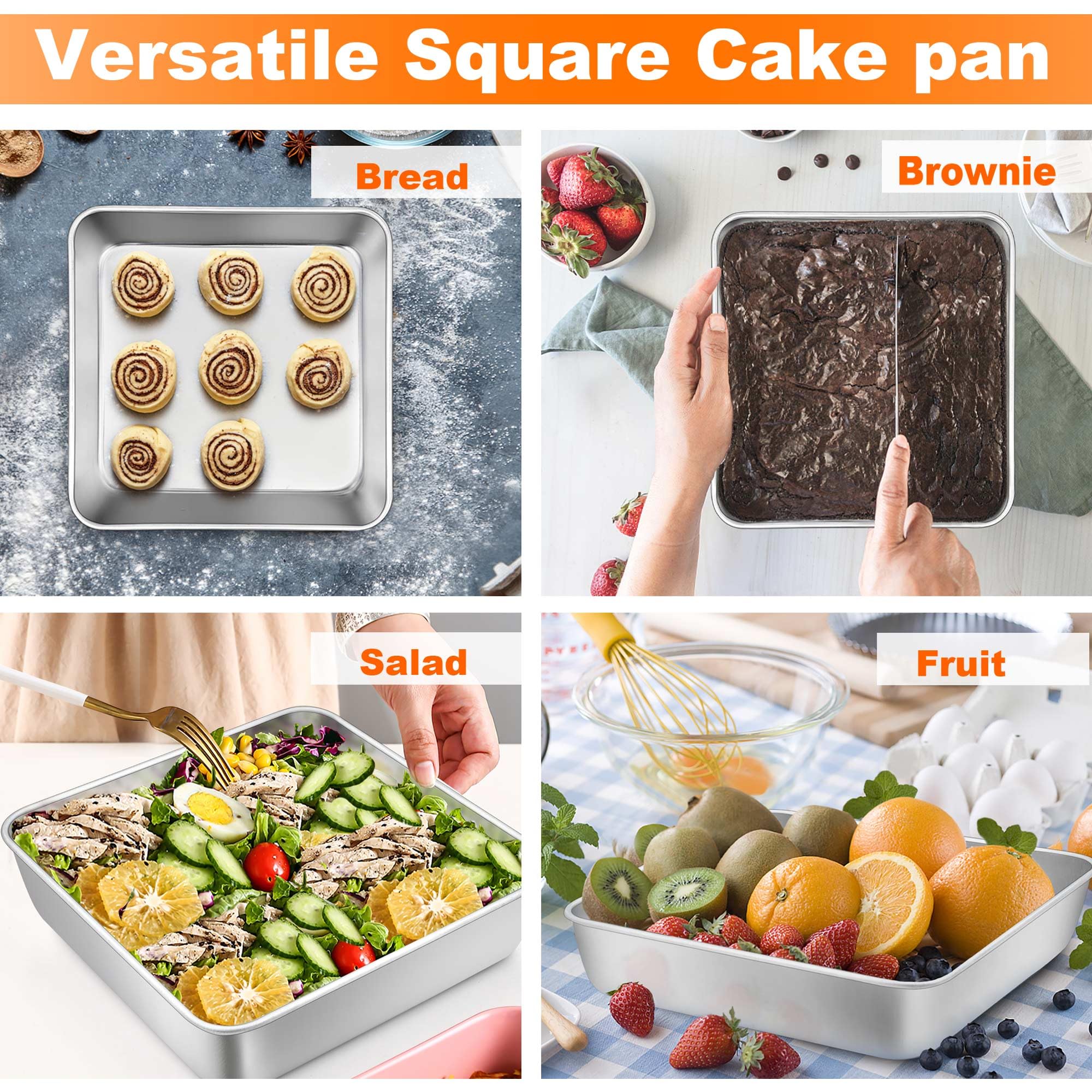 Teamfar 9 X 9 Inch Square Cake Pan, Stainless Steel Square Baking Pan With Lid For Brownie Lasagna, Non-Toxic & Heavy Duty, One