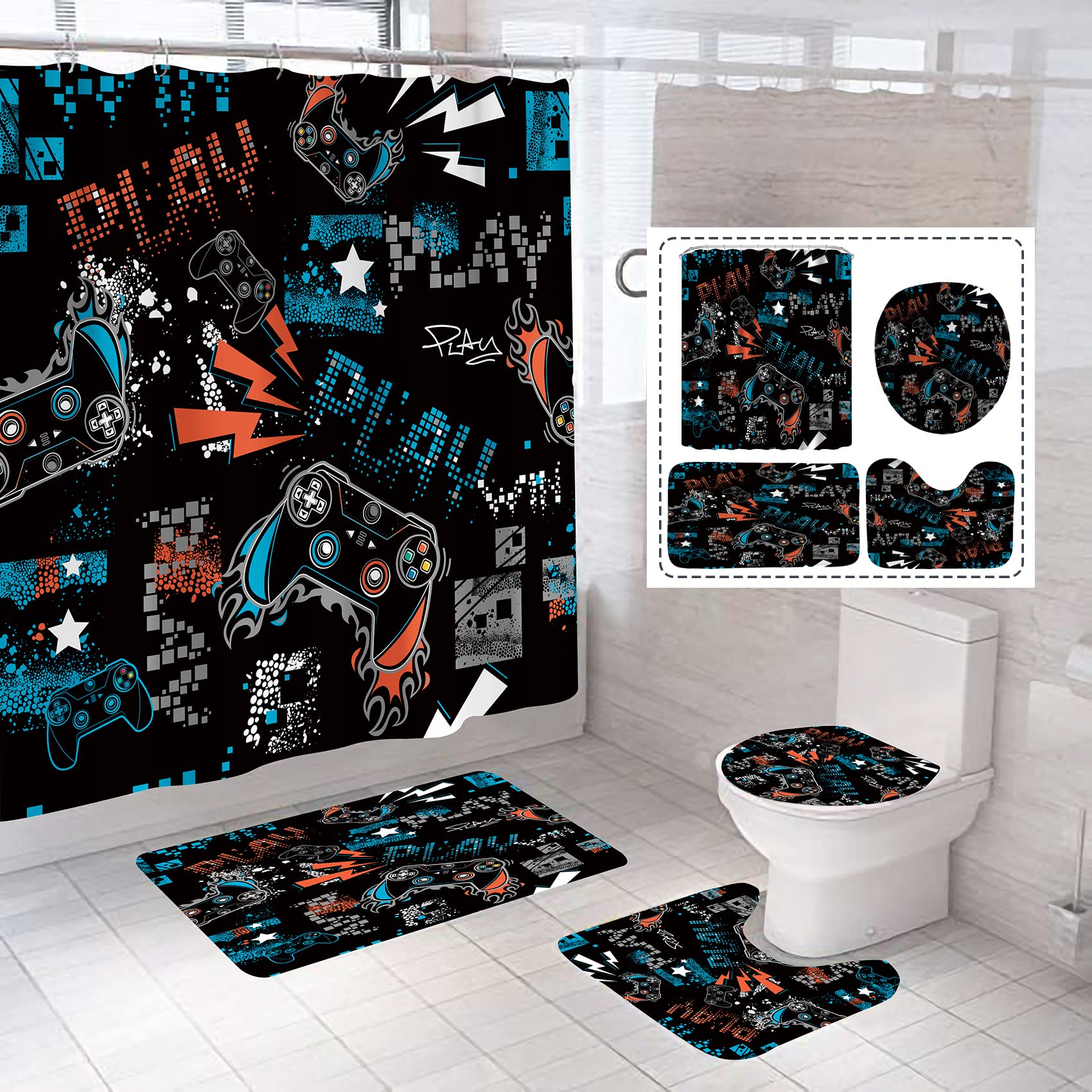 NORBEY 4 Pcs Play Game Shower Curtain Set, Classic Videogames Controller Bath Curtain with Anti-Slip Mat Toilet Cover Carpet Set