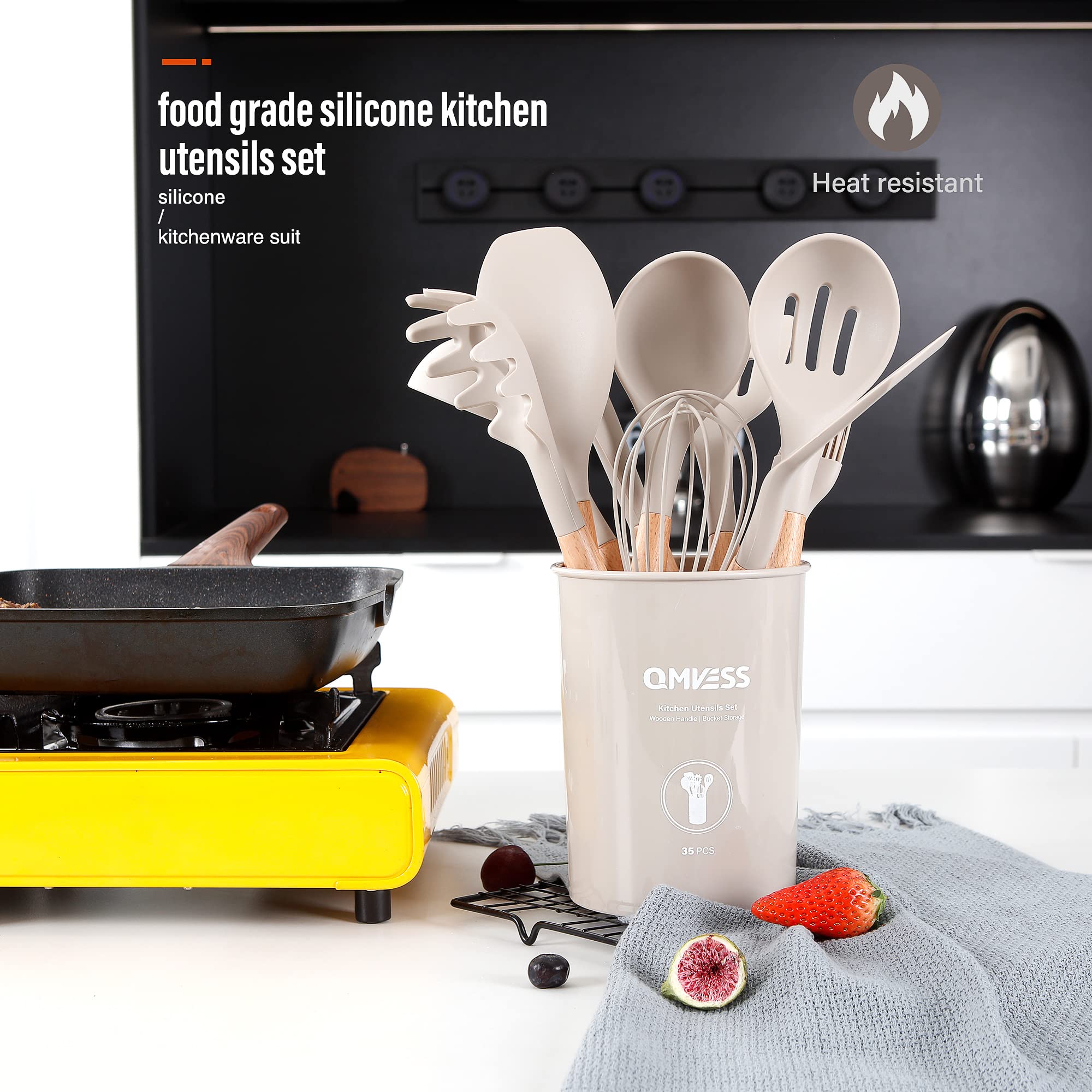 Kitchen Utensils Set Qmvess 35 Pcs Non-Stick Silicone Cooking Utensils Set With Holder Sturdy Insulation Wooden Handle Heat Resi