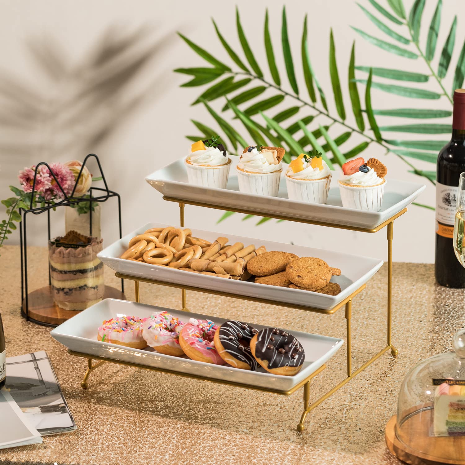 Gomakren 3 Tier Serving Stand With Porcelain Serving Platter Tray - Collapsible Gold Stand With 3 Piece Large14 Inch White Plate