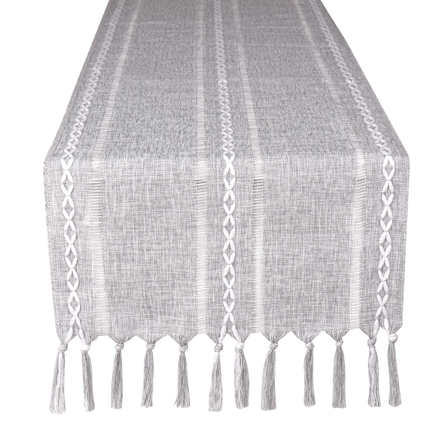Gsg Farmhouse Grey Table Runner Boho Style Linen 13 X 72 Inch Long, Handmade Rustic Table Runner With Tassels For Holiday Party