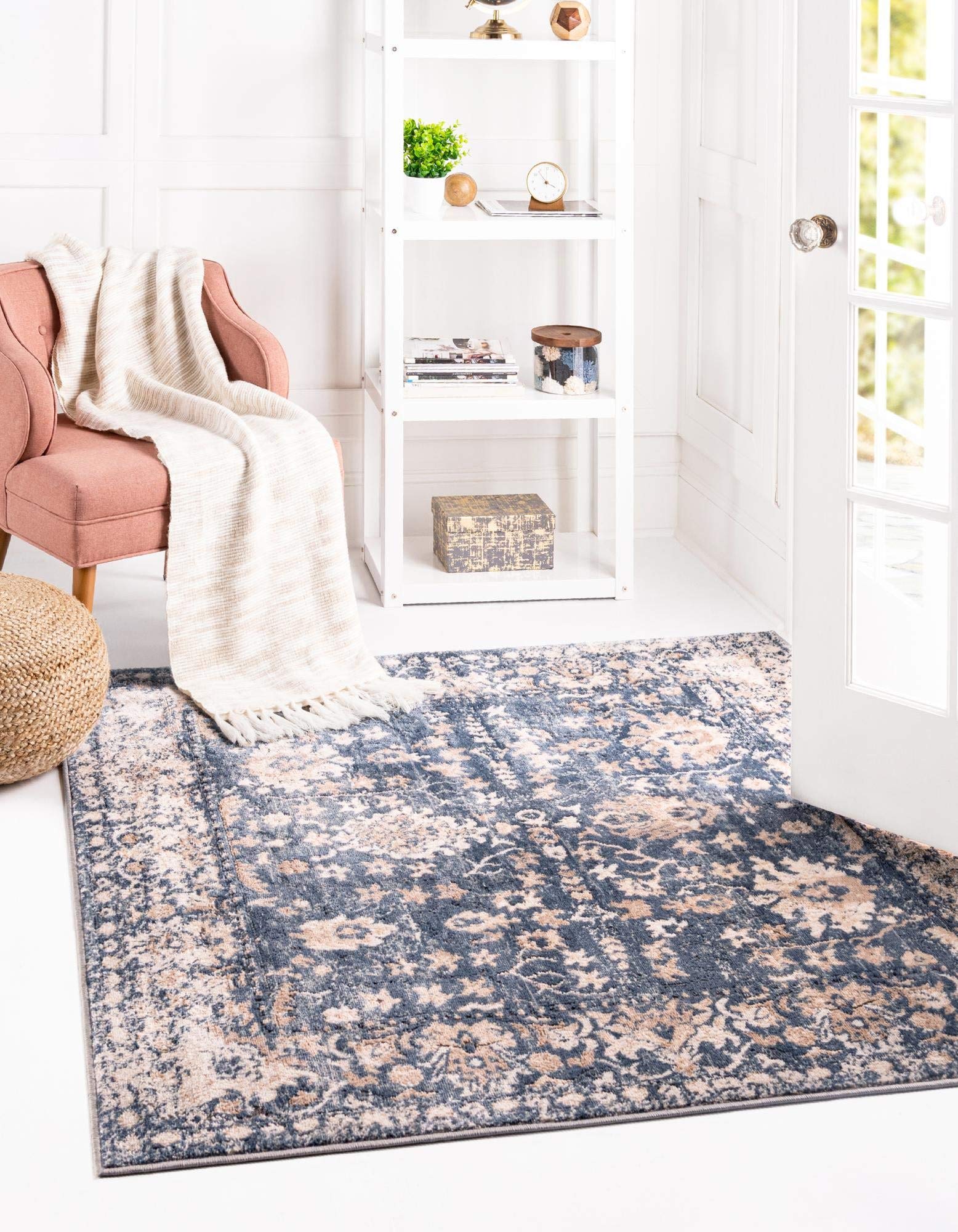 Rugs.com Oregon Collection Rug - 6 Ft Square Blue Low-Pile Rug Perfect for Living Rooms, Kitchens, Entryways