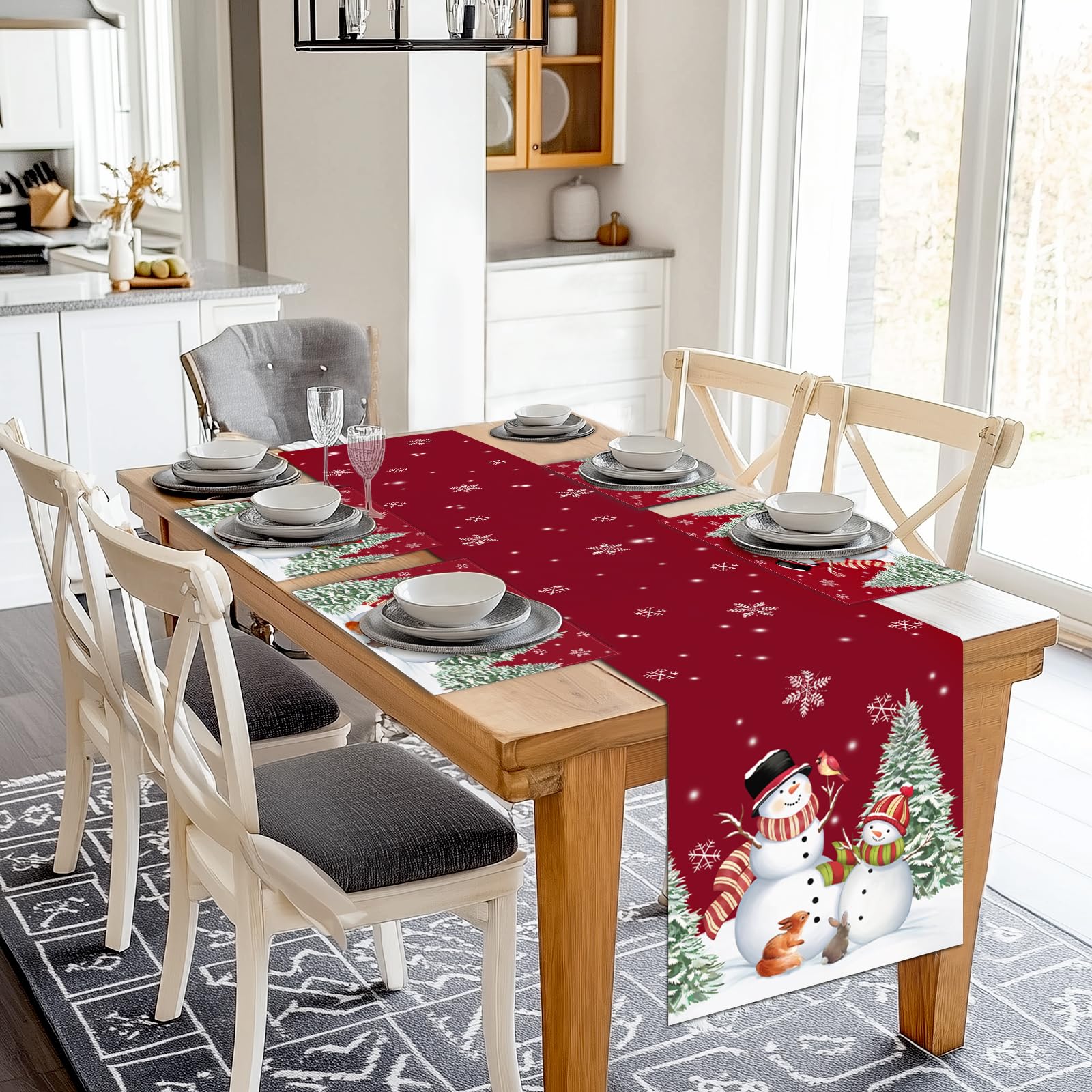 Bonhause Christmas Red Snowman Placemats Set Of 4, 12X18 Inch Winter Snow And Xmas Trees Kitchen Dinning Table Mats Washable Pla