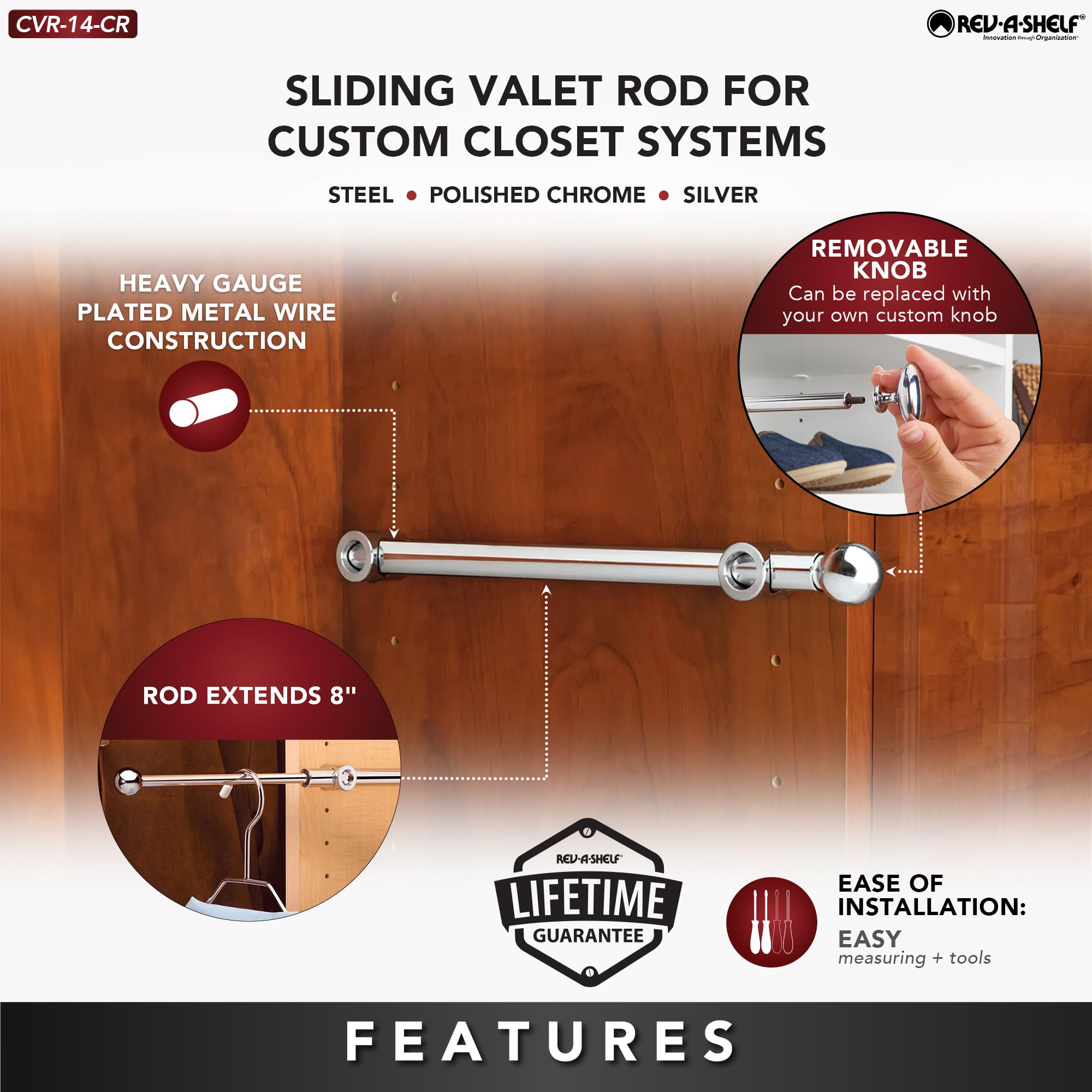 Rev-A-Shelf 14'' Pull Out Valet Rod for Closet Organization  Extendable Sliding Clothes Storage Hanging Rack with Mounting Hardware  Chrome  CVR-14-CR