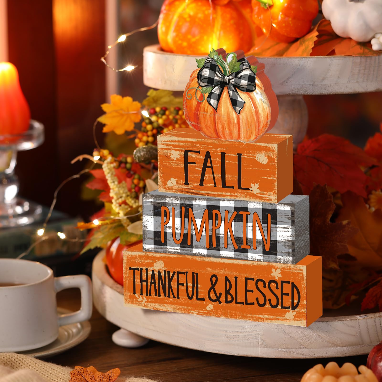 4 Pcs Fall Thanksgiving Decor for Home Buffalo Plaid Pumpkin Wooden Signs with Blessed Autumn Tiered Tray Decor Grid Pumpkin Tab