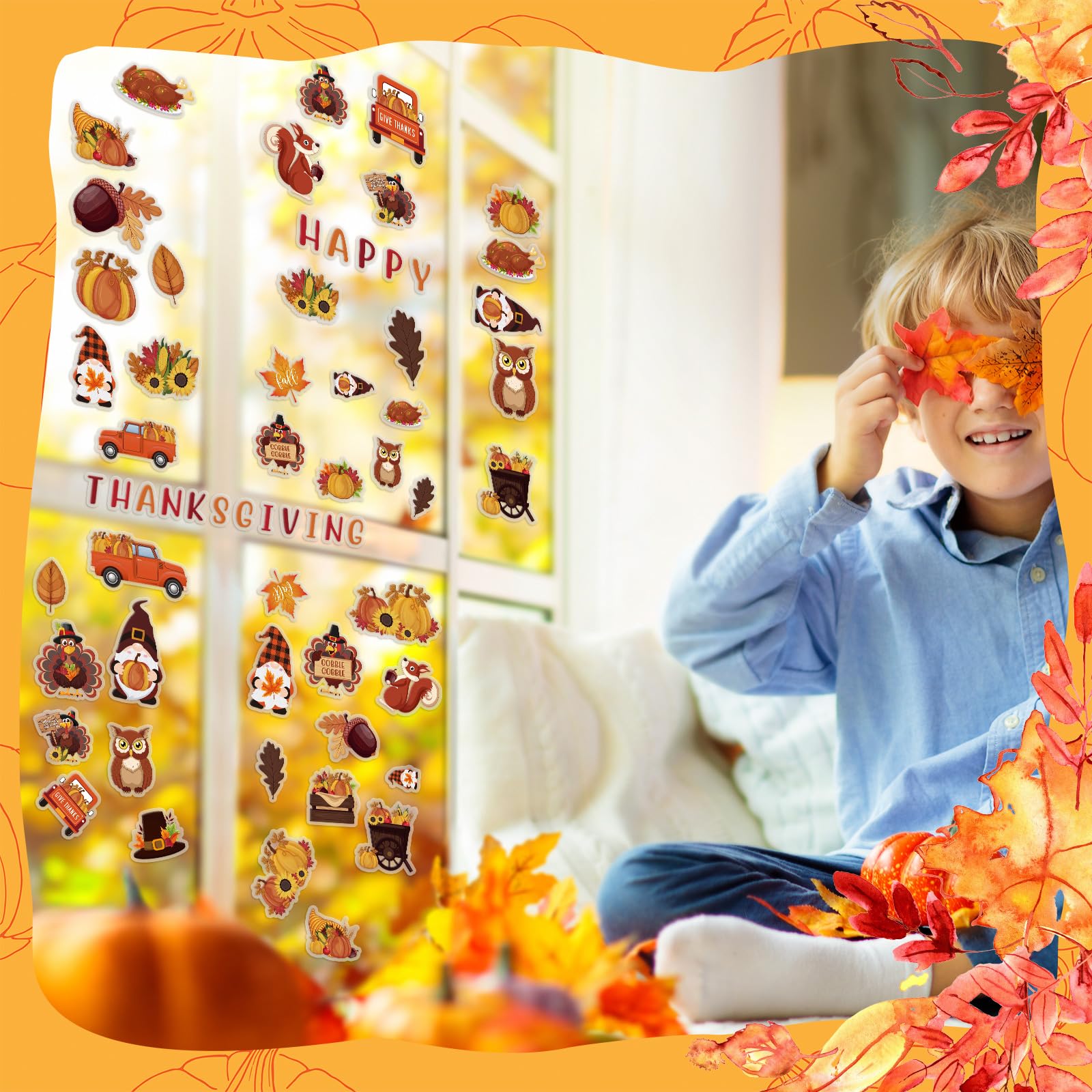 Motipuns 48 Pcs Thanksgiving Window Gel Clings Happy Thanksgiving Thick Gel Clings Removable Reusable Fall Turkey Pumpkin Window