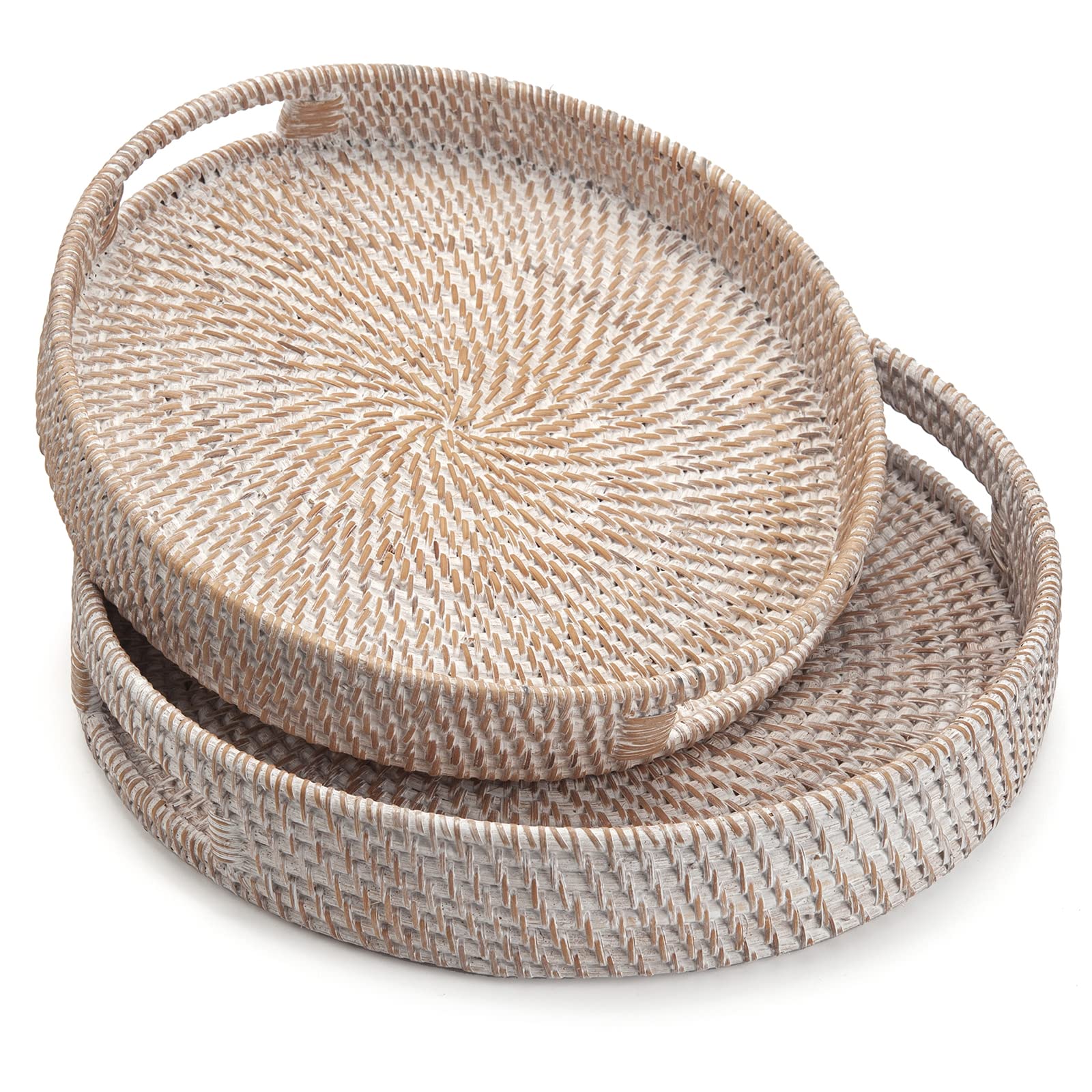 Round Rattan Serving Tray Decorative Woven Ottoman Trays With Handles For Coffee Table White (Small 11.8 Inch X 2.4 Inch)