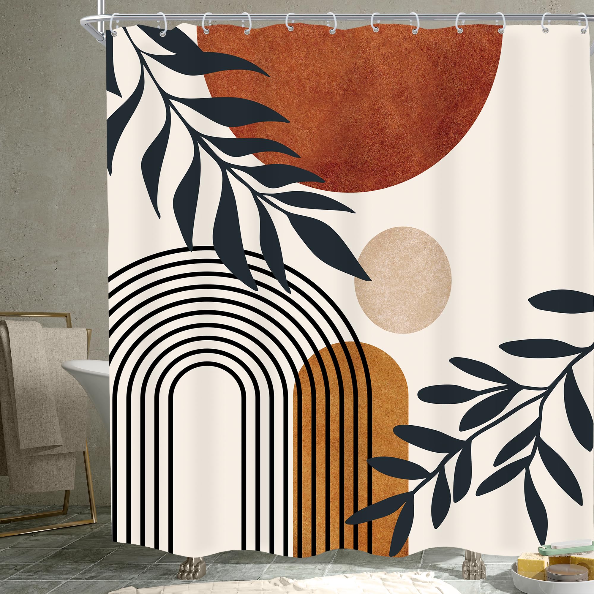 Komllex Boho Abstract Mid Century Shower Curtain Modern Aesthetic Leaves Neutral Minimalist Geometric Arch Brown Sun Plant Fabri