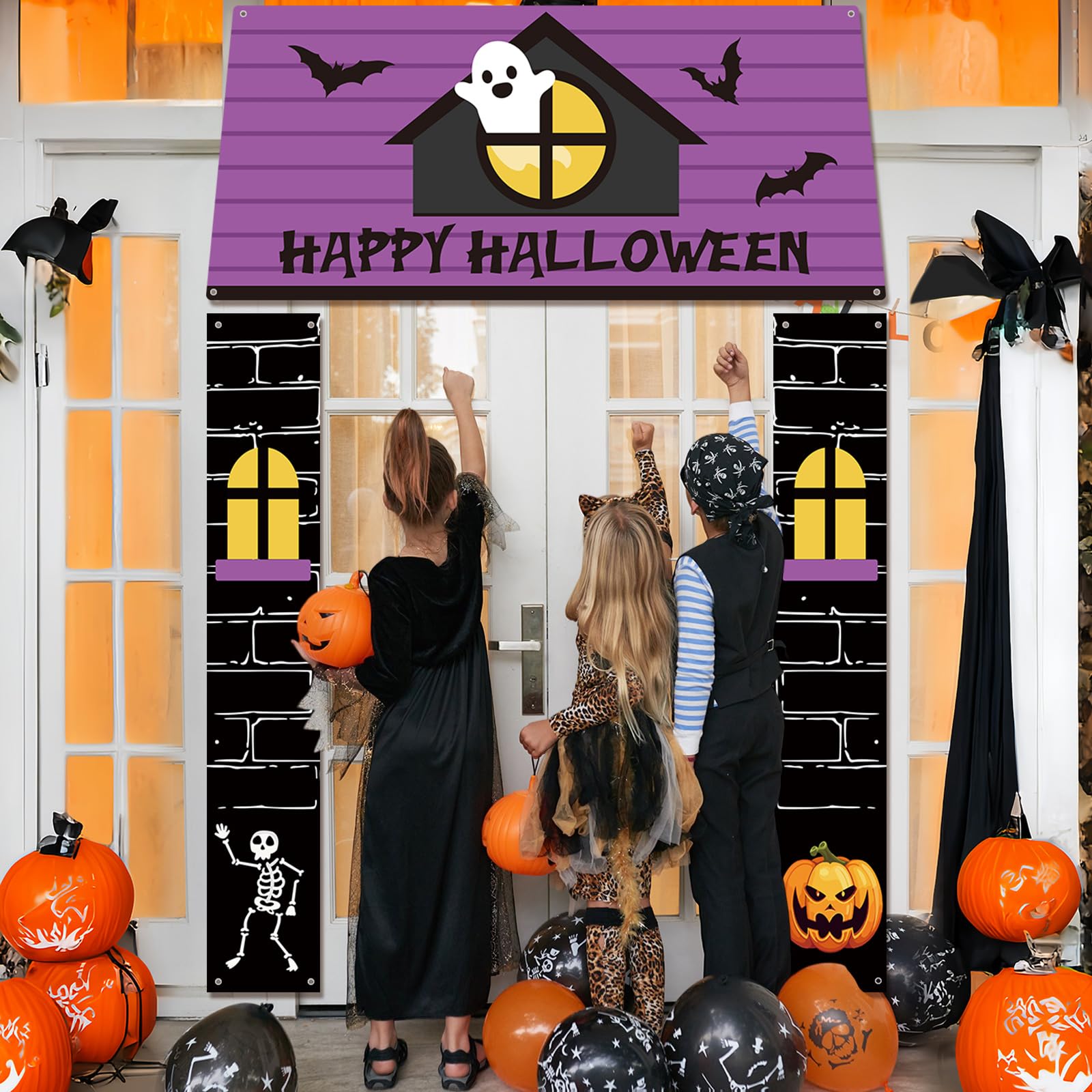 HunnmingRe 71 Inch 3 Pcs Halloween Ghost Style Door Banner Merry Wrap Xmas Cover for Classroom Home