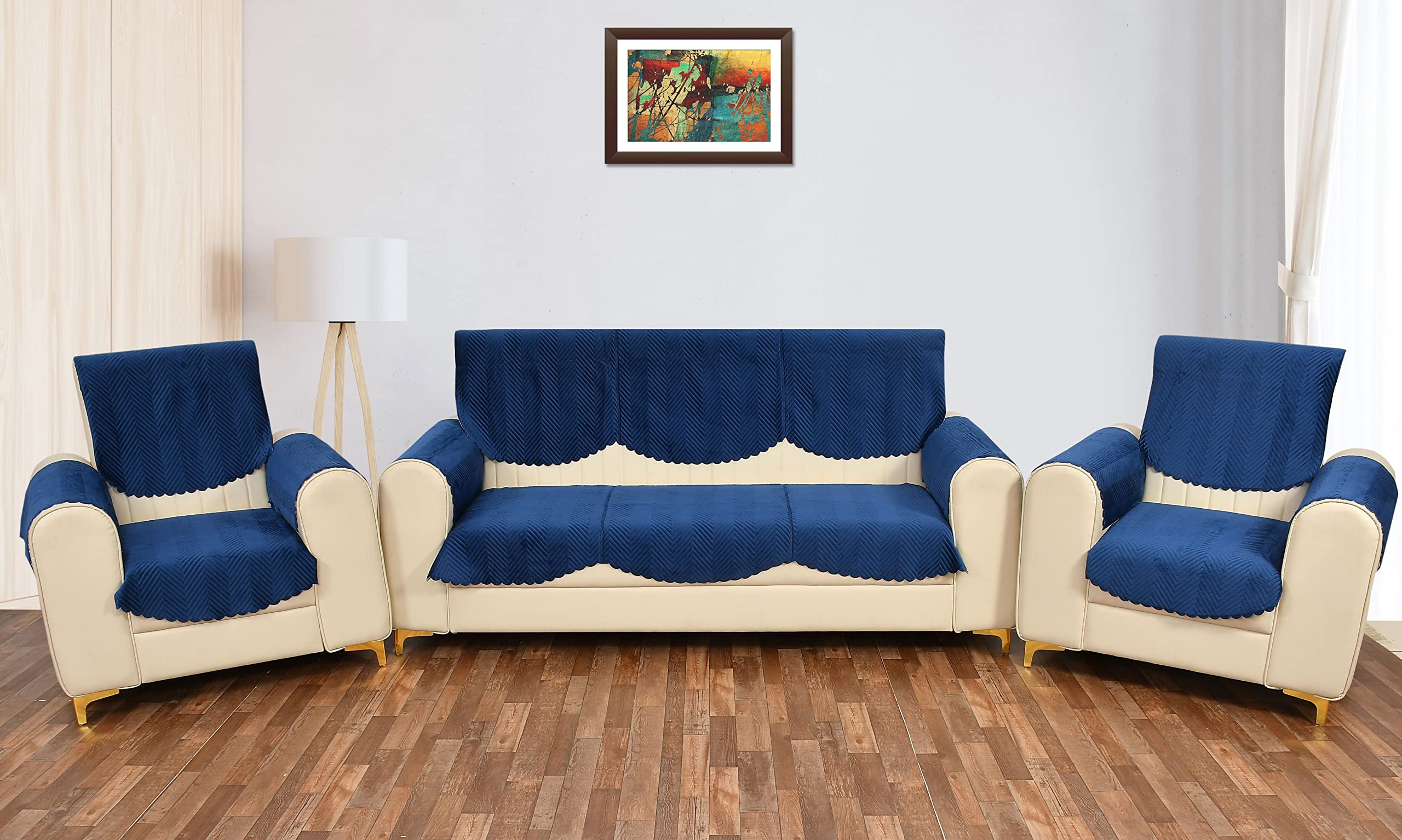 Yellow Weaves 5 Seater Quilted Sofa Cover And Chair Cover With Arm Cover, Seat & Back Cover, Color - Blue, Velvet