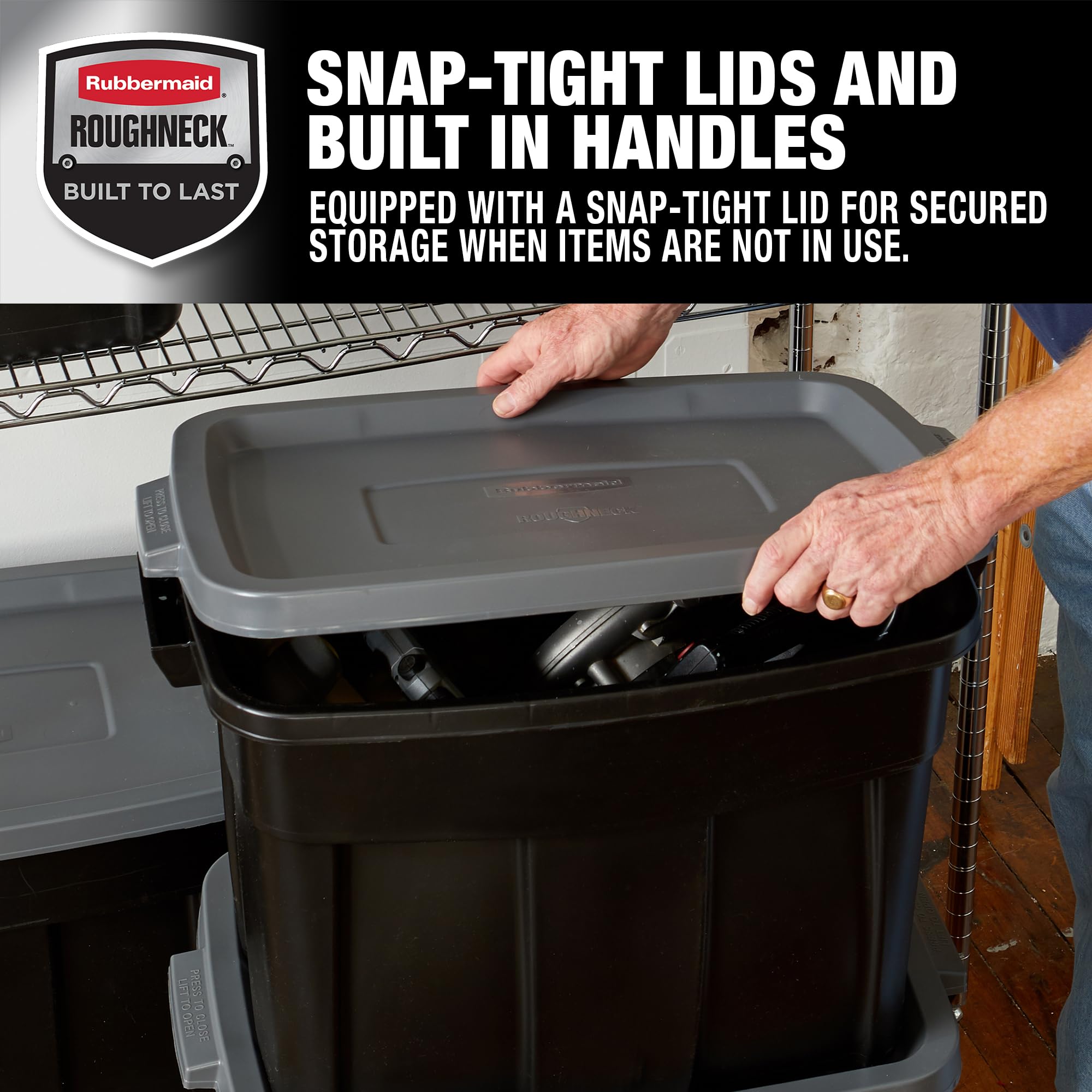 Rubbermaid Roughneck Tote 18 Gal - 6 Pack ,Made In The Usa, Black & Grey, Rugged Plastic Stackable Storage Tote With Lid And Han