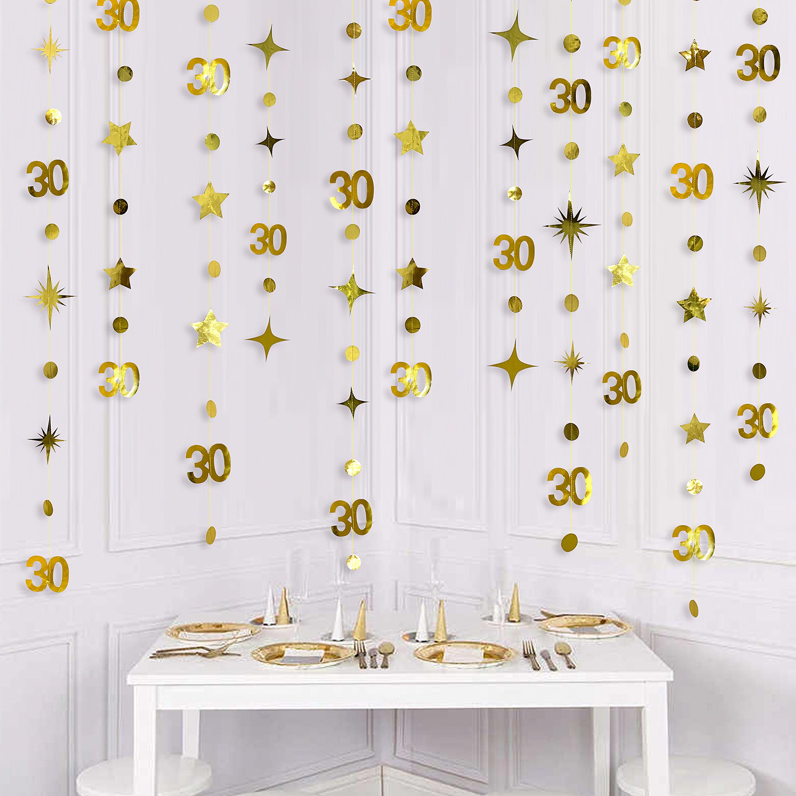 Gold 30Th Birthday Decorations Number 30 Circle Dot Twinkle Star Garland Metallic Hanging Streamer Bunting Banner Backdrop For H