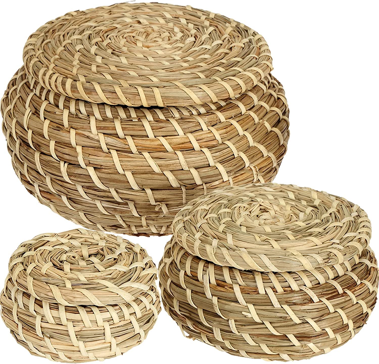 Dicunoy Set Of 3 Small Wicker Basket With Lid, Round Woven Seagrass Baskets, Little Handmade Rattan Storage Basket Box For Shelf