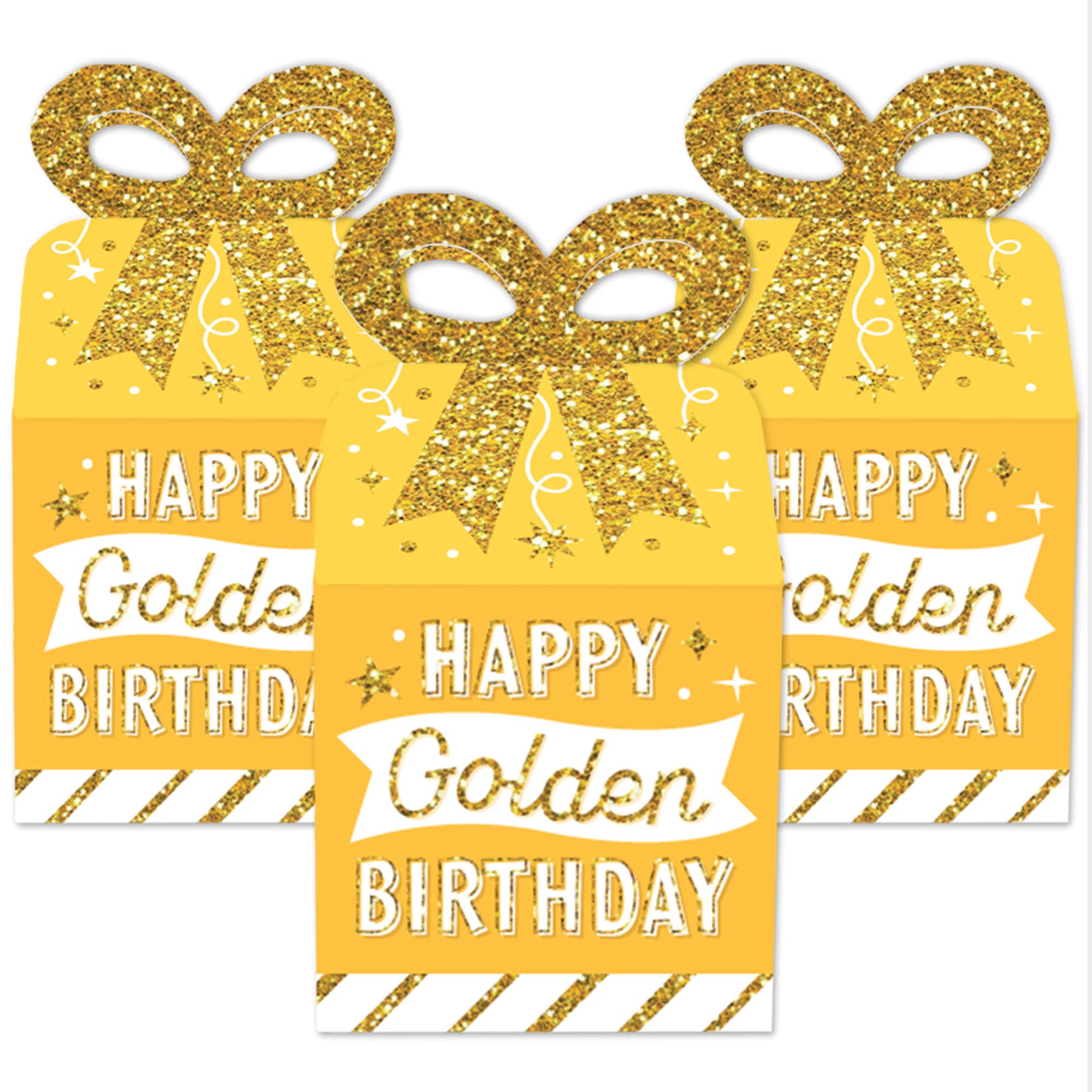 Big Dot Of Happiness Golden Birthday - Square Favor Gift Boxes - Happy Birthday Party Bow Boxes - Set Of 12