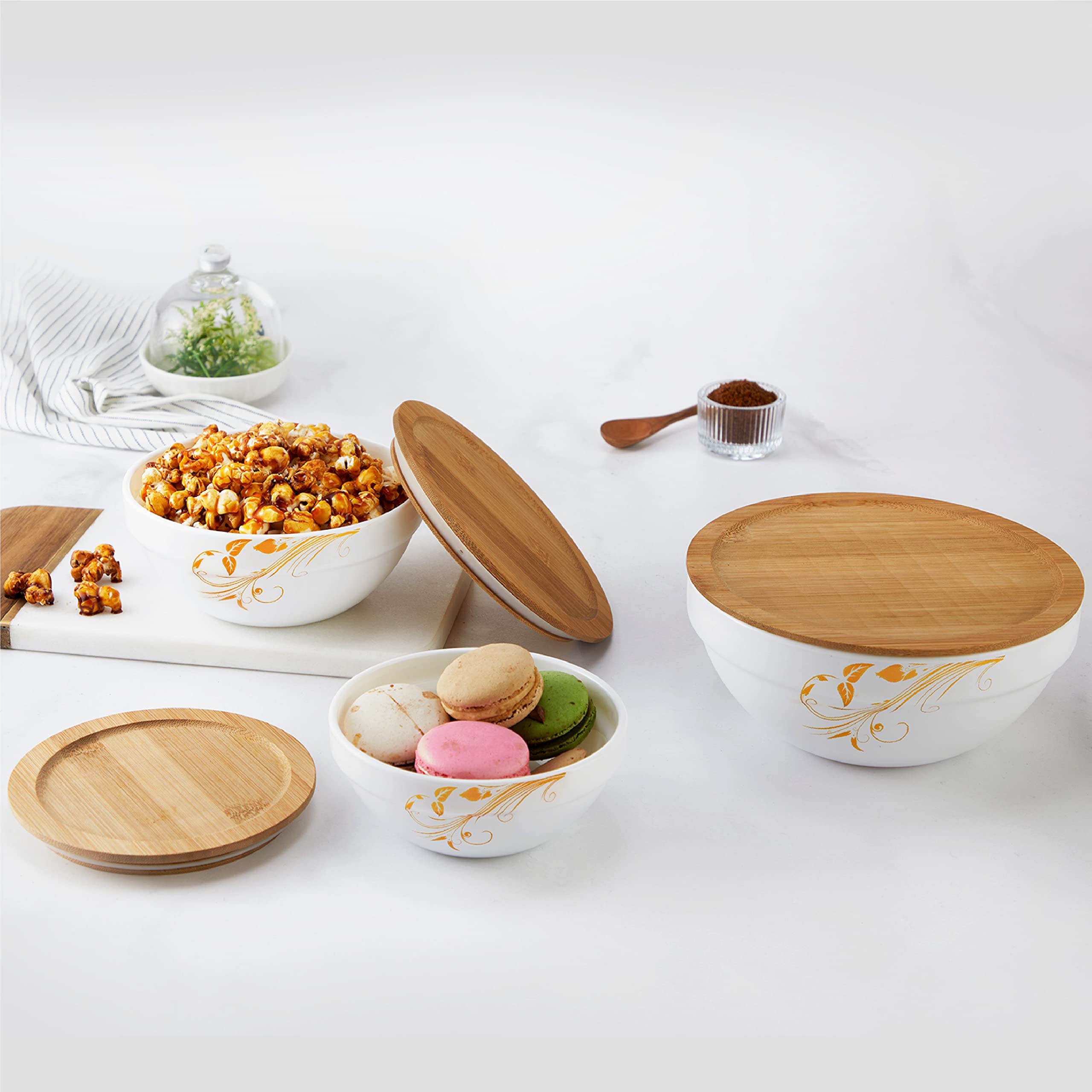 Cello Opalware Royale Mixing Bowl Set With Bamboo Lid - Vintage 500Ml, 1000Ml, 1500Ml, White, 3 Units