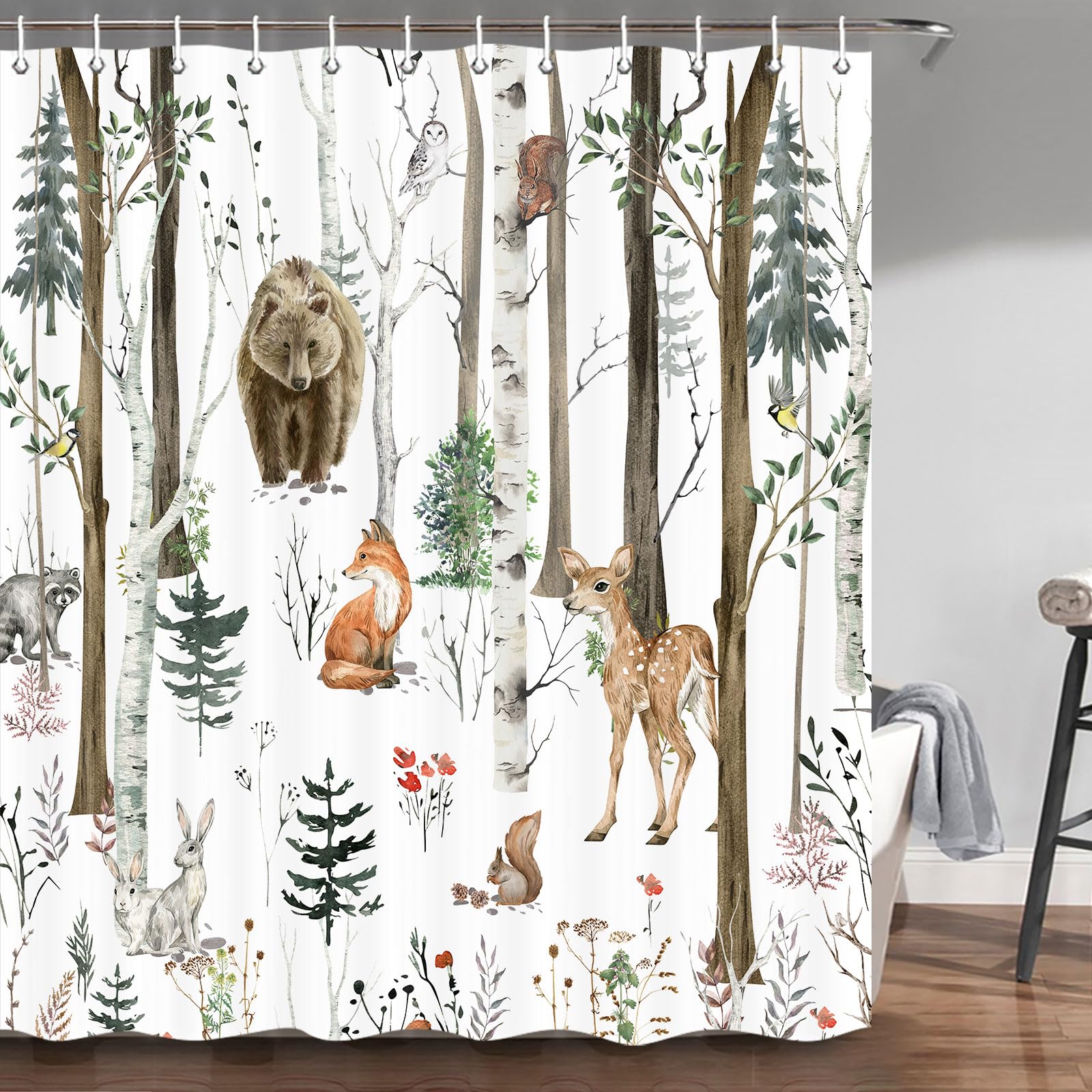 Jawo Rustic Forest Shower Curtain, Wildlife Bear Shower Curtain Farmhouse Woodland Shower Curtain Cabin Lodge Shower Curtain, Wo
