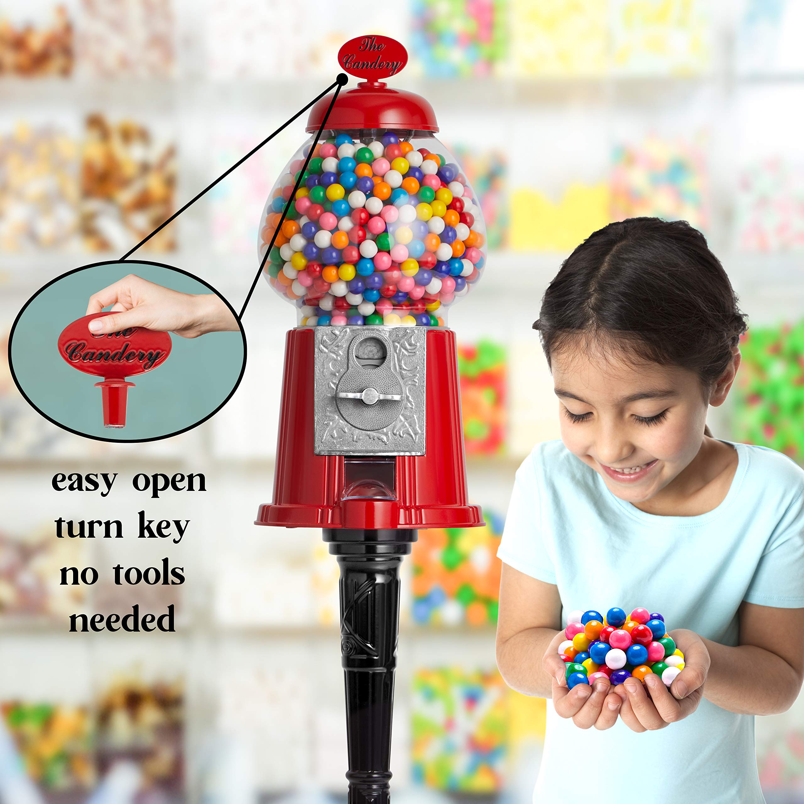 Gumball Bubble Machine - 15 Inch Candy Dispenser With Stand For 0.62 Inch - Heavy Duty Red Metal With Large Glass Bowl - Easy Tw