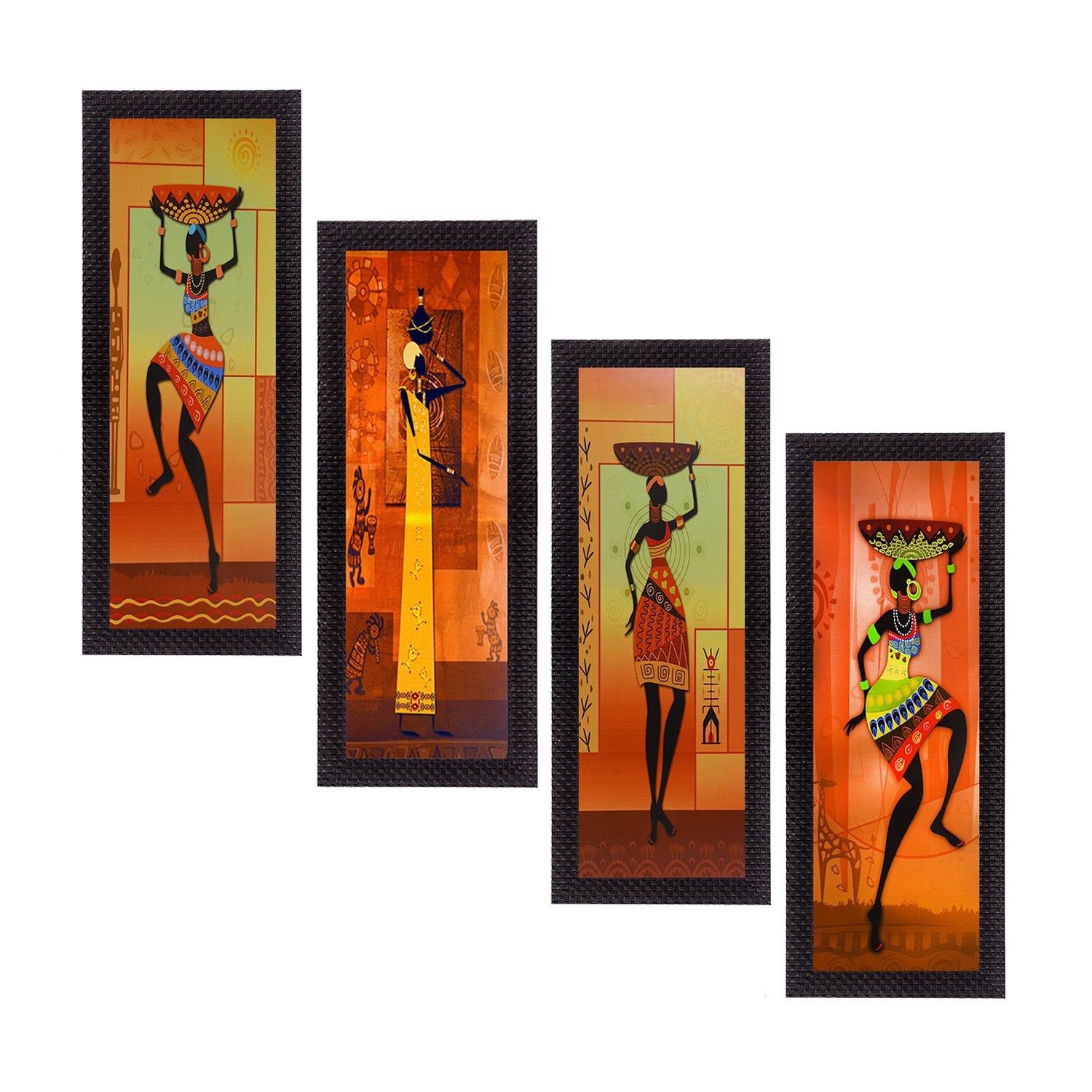 eCraftIndia Set of 4 Tribal Women Paintings Digital Printed Wall Art - Ethnic and Captivating Home Decor Accent for Art Lovers a