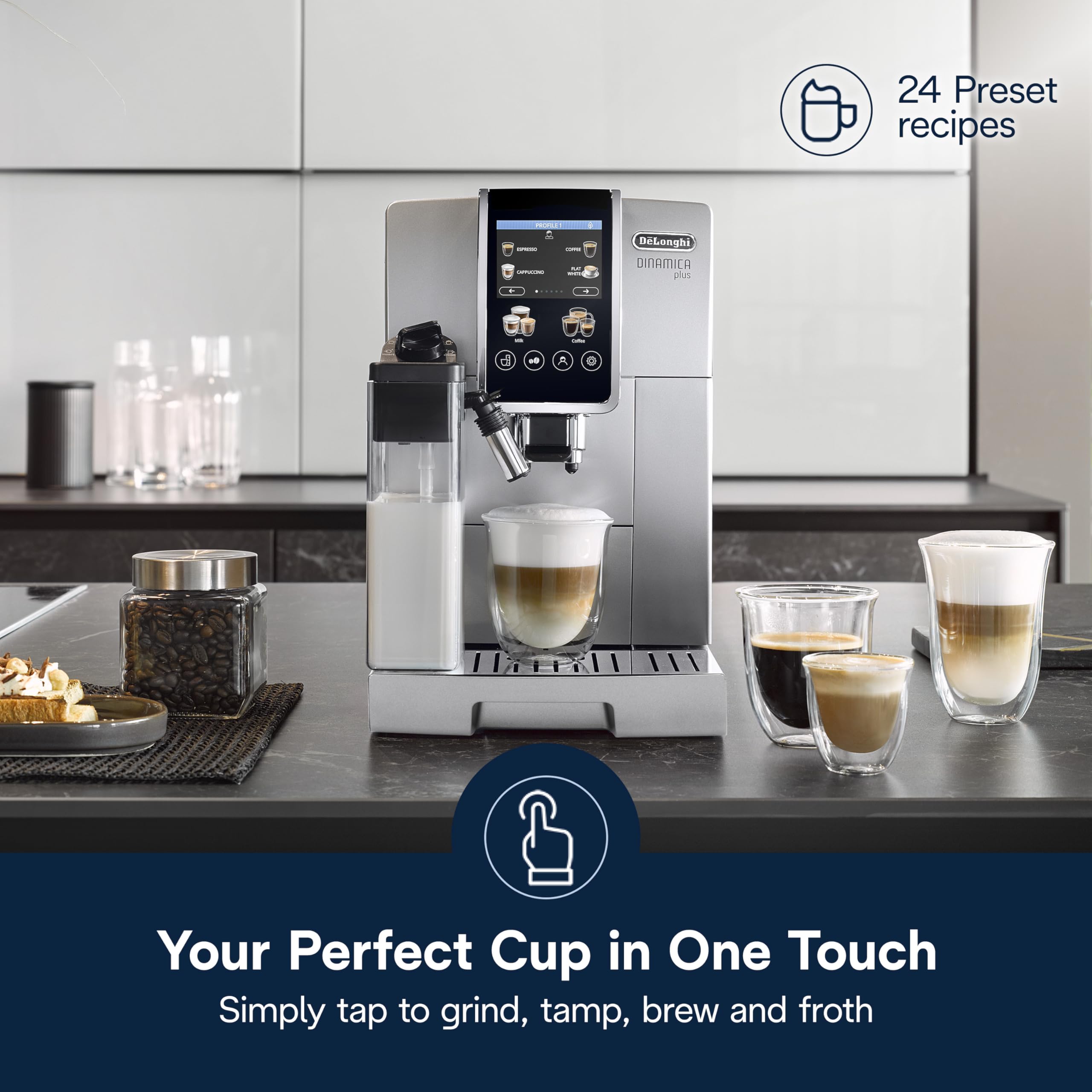 De'Longhi Dinamica Plus Espresso & Coffee Machine, Automatic Milk Frother, 24+ One Touch Recipes, Enjoy Lattes, Cappuccinos, And