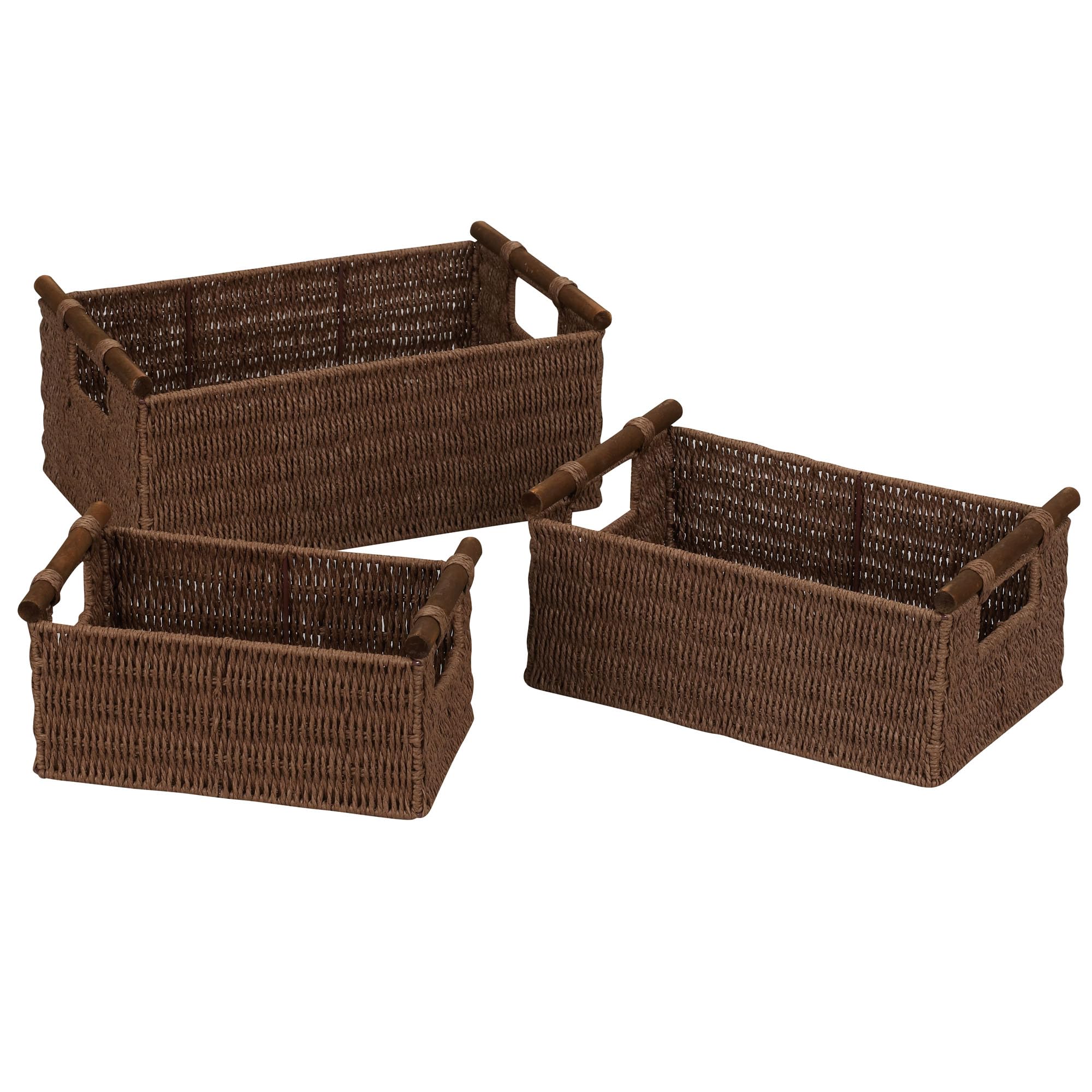 Household Essentials Decorative Woven Baskets Set Of 3, Paper Rope With Wood Handles, Sturdy Metal Frame, Small, Medium And Larg